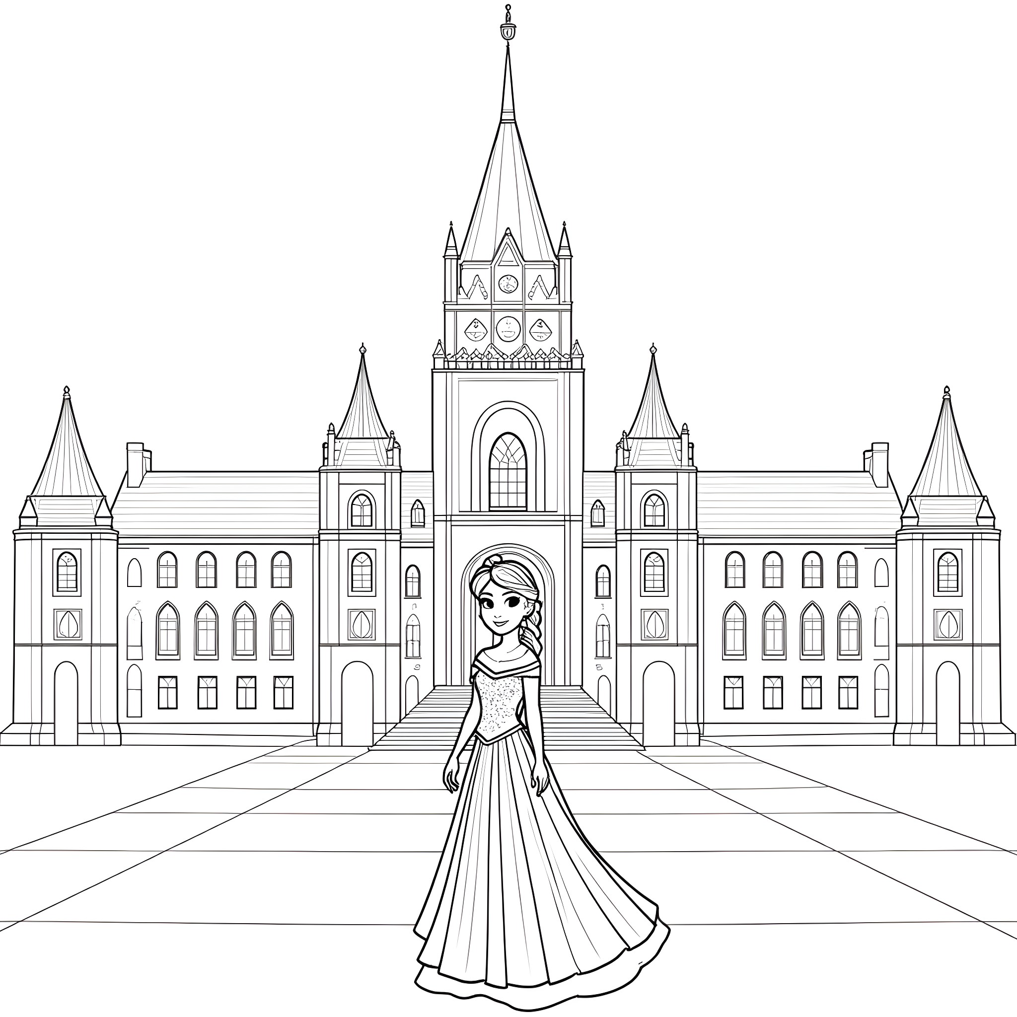 Princess Elsa posing in front of a grand castle Coloring Page (free black-and-white line drawing printable PDF for all, from beginners to advanced learners, including children, teens, adults, and seniors)