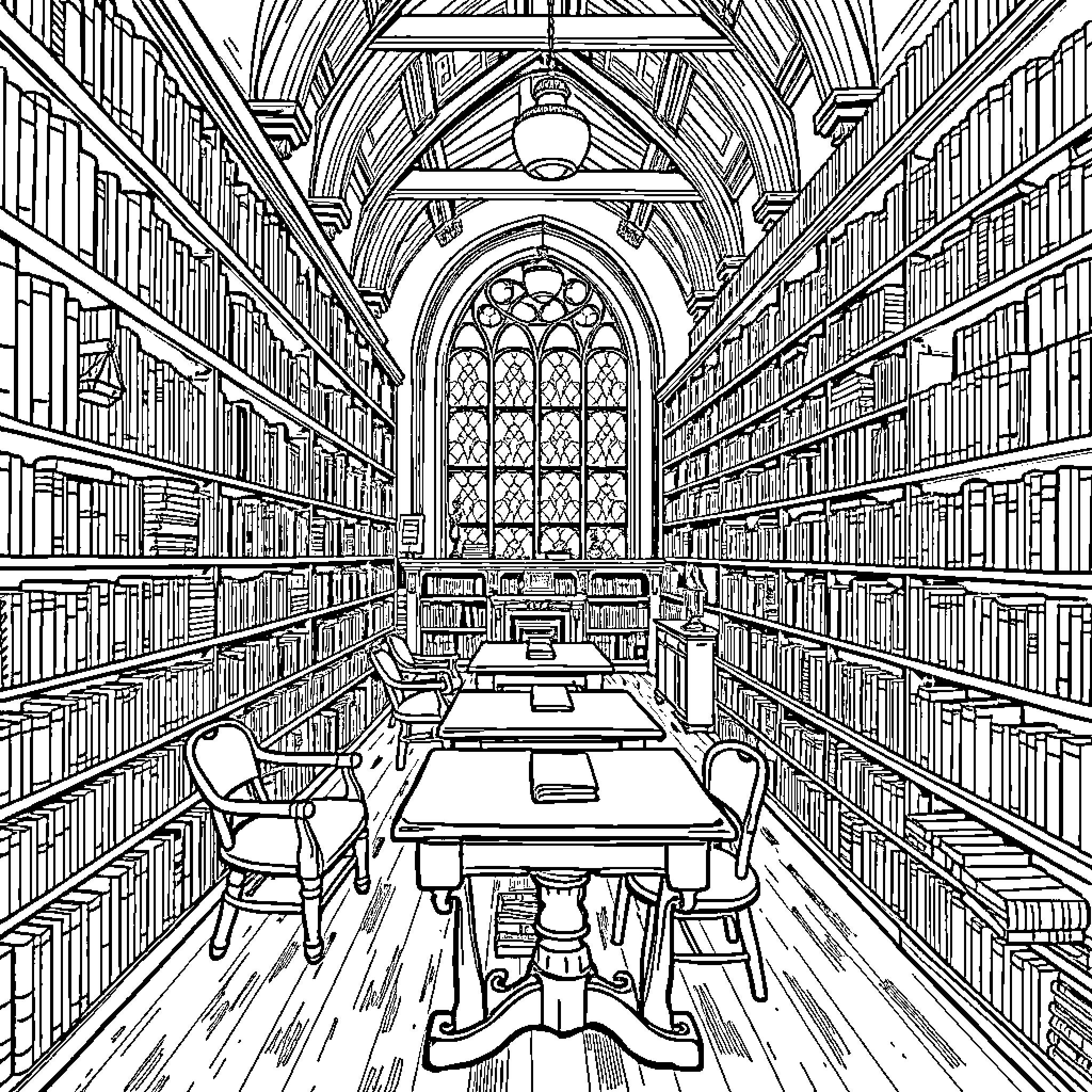 Library Filled with Intricate Architectural Details Coloring Page (free black-and-white line drawing printable PDF for all, from beginners to advanced learners, including children, teens, adults, and seniors)