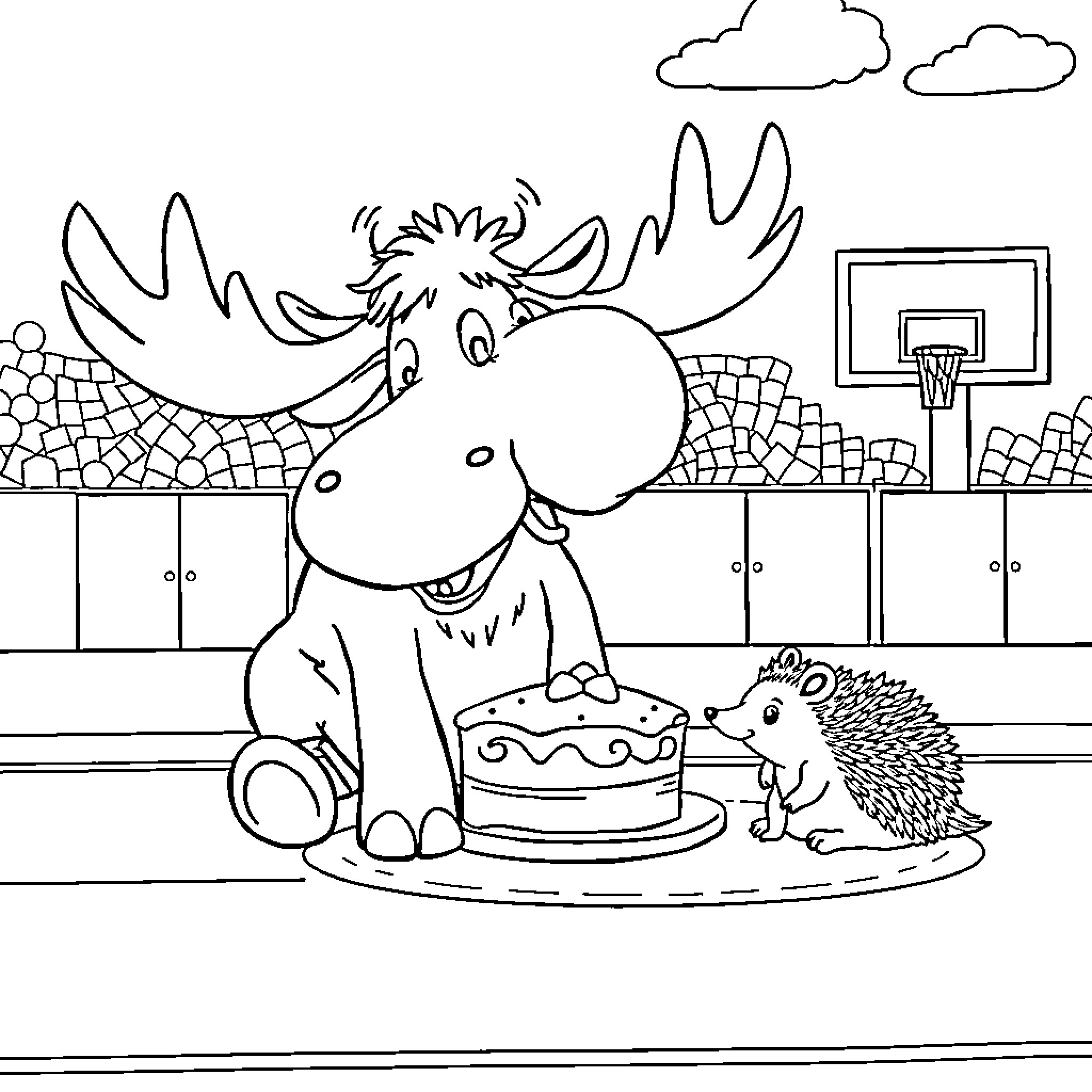 Moose celebrating birthday with hedgehog in park Coloring Page (free black-and-white line drawing printable PDF for all, from beginners to advanced learners, including children, teens, adults, and seniors)