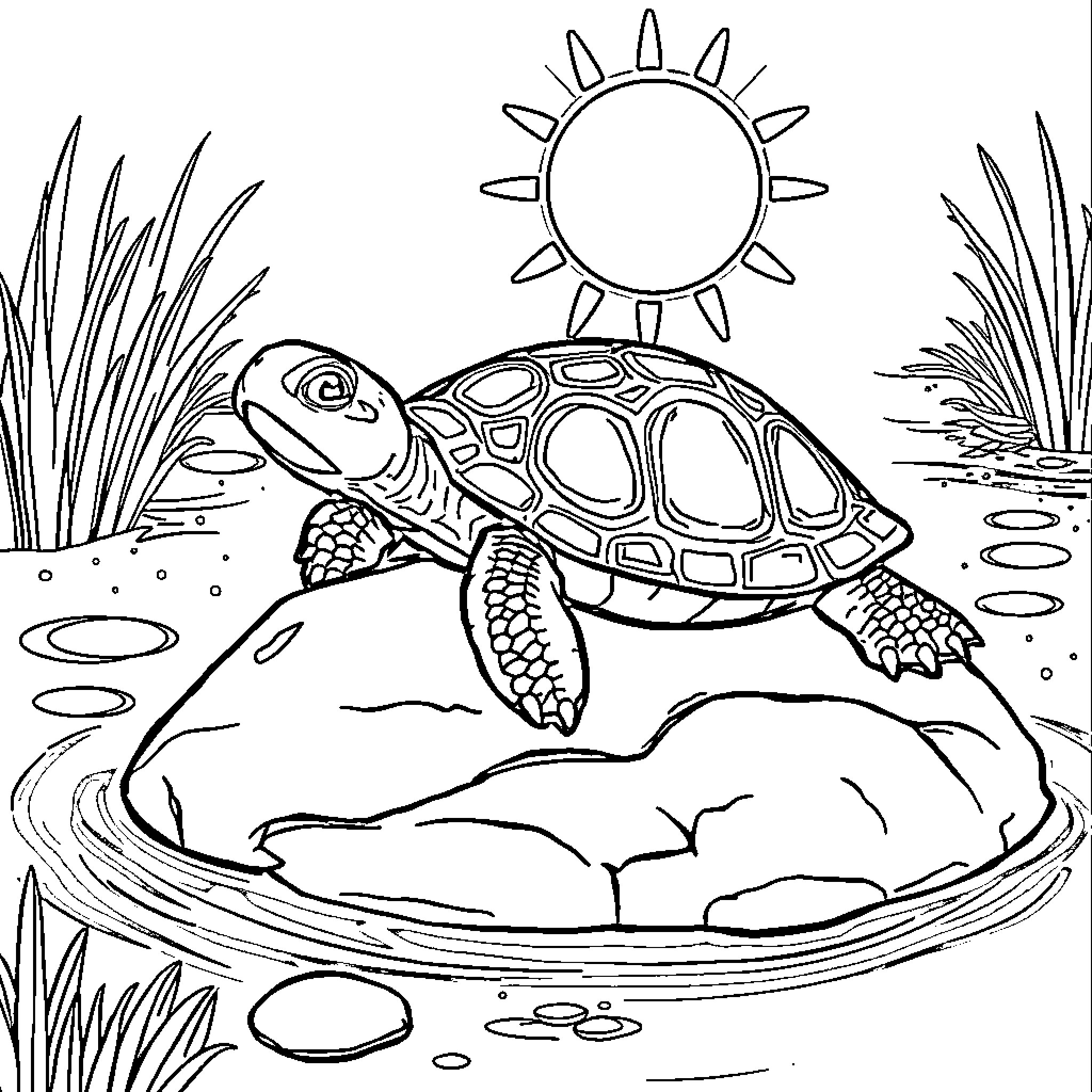 Turtle basking in the sun on a rock Coloring Page (free black-and-white line drawing printable PDF for all, from beginners to advanced learners, including children, teens, adults, and seniors)