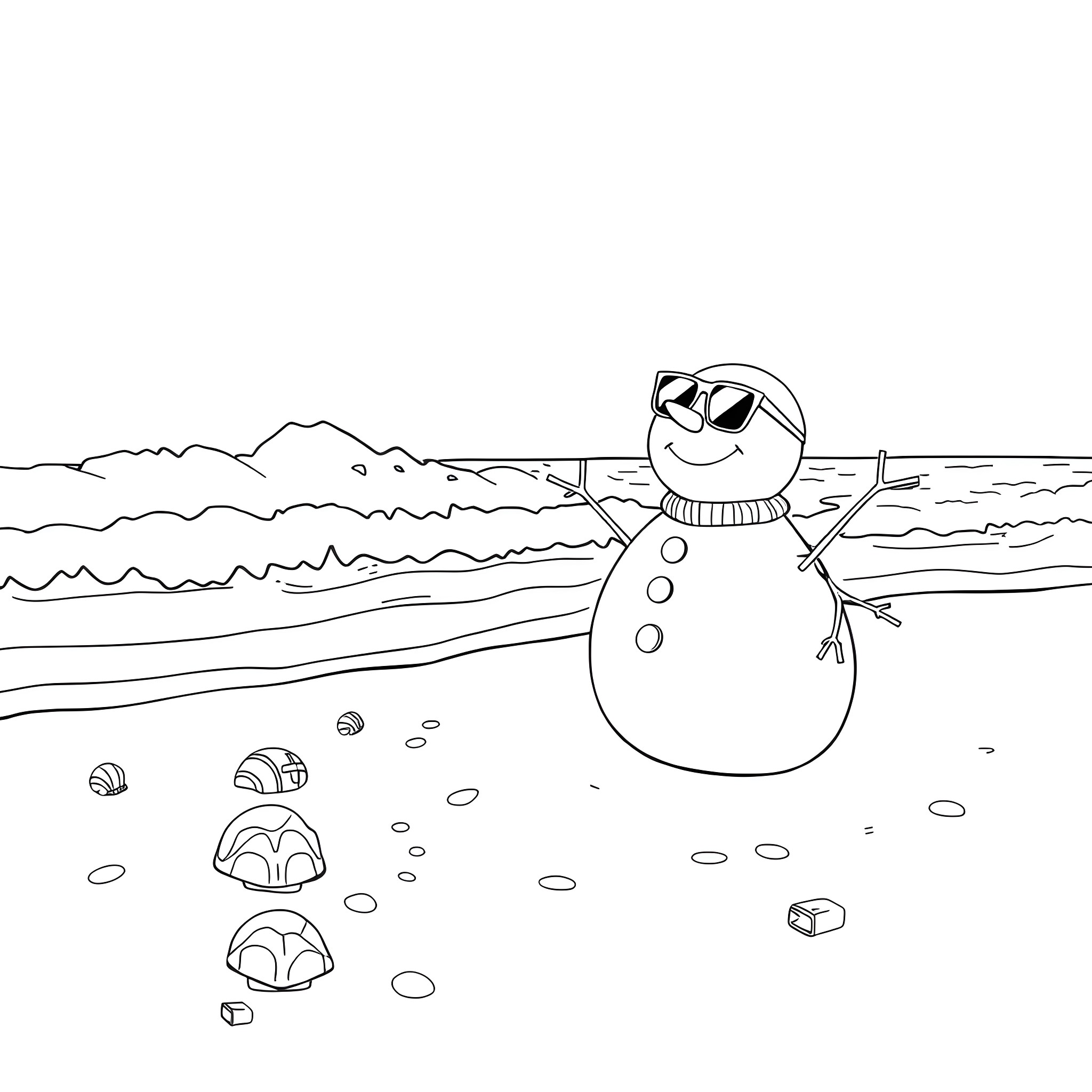Frozen Snowman enjoying a peaceful winter scene Coloring Page (free black-and-white line drawing printable PDF for all, from beginners to advanced learners, including children, teens, adults, and seniors)
