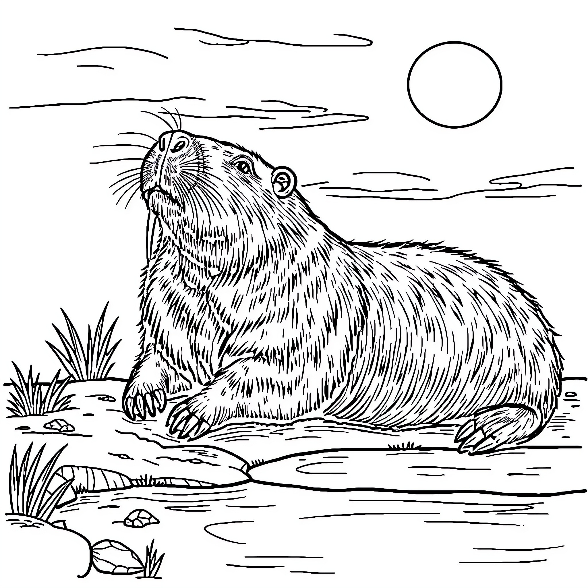 Capybara relaxing by the pond on a moonlit night Coloring Page (free black-and-white line drawing printable PDF for all, from beginners to advanced learners, including children, teens, adults, and seniors)