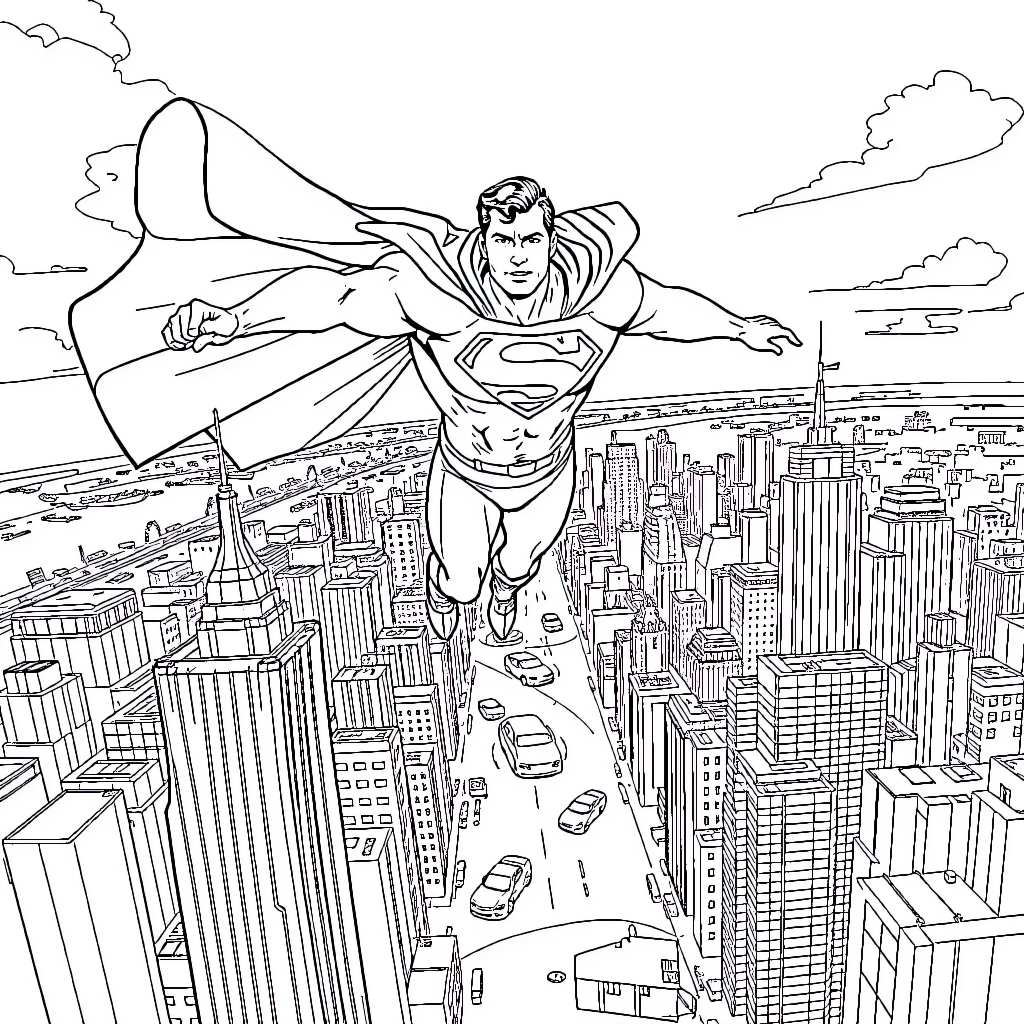 Superman soaring above the city skyline Coloring Page (free black-and-white line drawing printable PDF for all, from beginners to advanced learners, including children, teens, adults, and seniors)