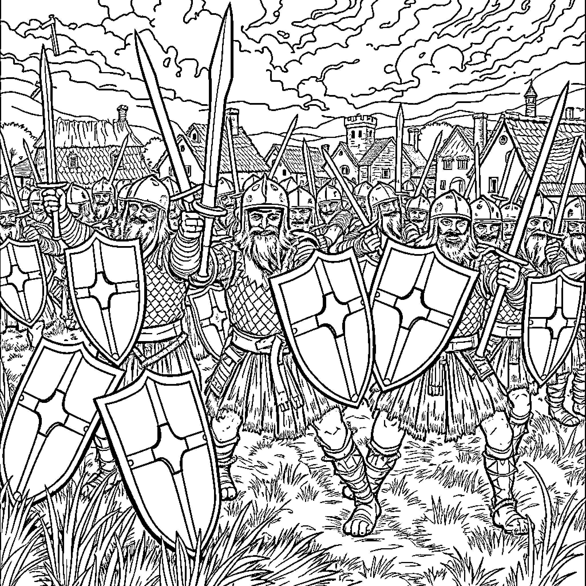Anglo Saxon Soldiers in Battle Attire Coloring Page (free black-and-white line drawing printable PDF for all, from beginners to advanced learners, including children, teens, adults, and seniors)