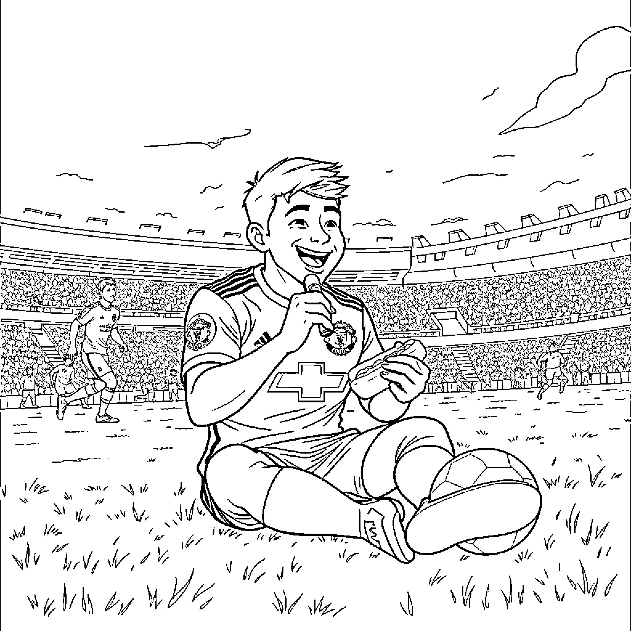 Player celebrates exciting sports moment on field Coloring Page (free black-and-white line drawing printable PDF for all, from beginners to advanced learners, including children, teens, adults, and seniors)