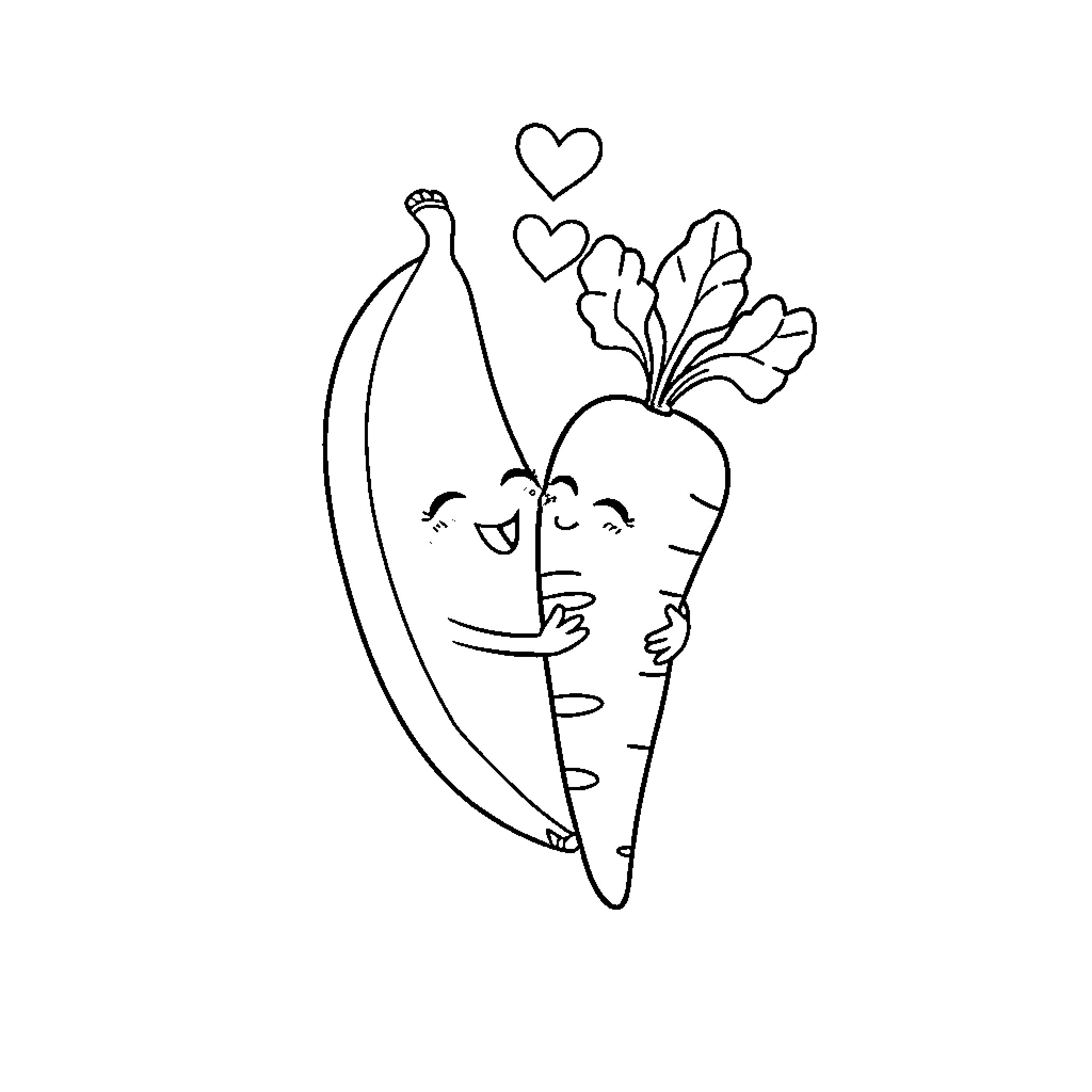 Banana friends sharing a loving moment Coloring Page (free black-and-white line drawing printable PDF for all, from beginners to advanced learners, including children, teens, adults, and seniors)