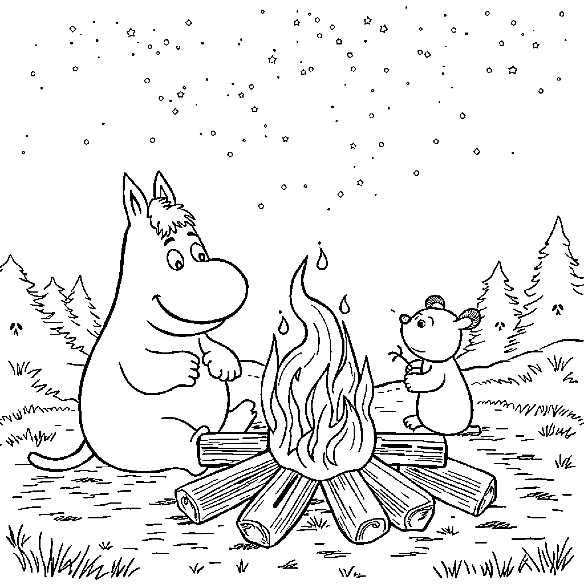 Moomintroll and friends enjoy a cozy campfire in the woods Coloring Page (free black-and-white line drawing printable PDF for all, from beginners to advanced learners, including children, teens, adults, and seniors)