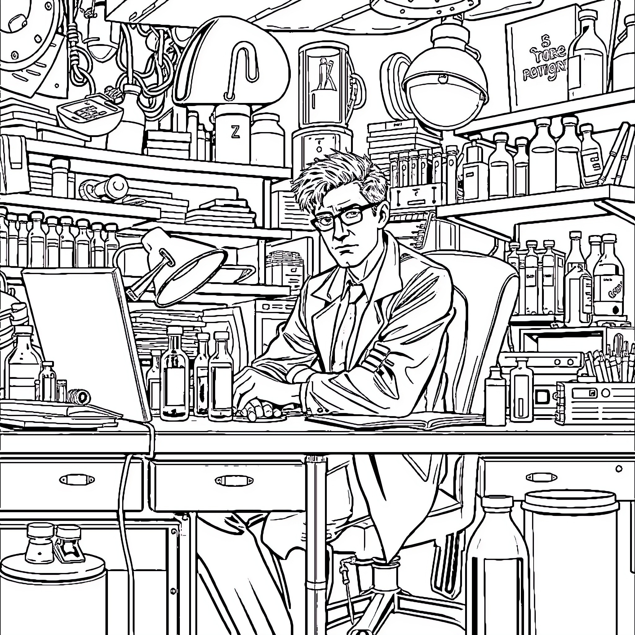 Dexter Working Diligently in His Lab Coloring Page (free black-and-white line drawing printable PDF for all, from beginners to advanced learners, including children, teens, adults, and seniors)