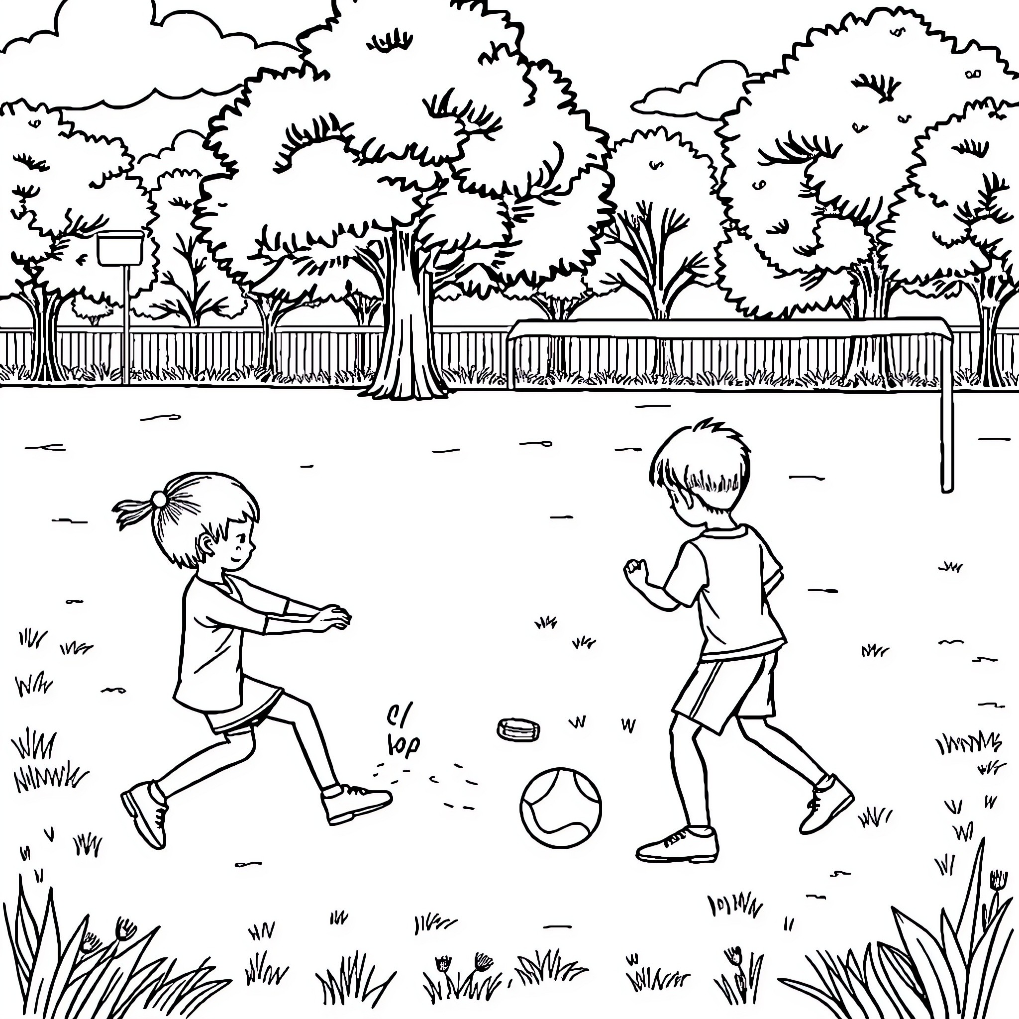 Kids playing soccer in the park Coloring Page (free black-and-white line drawing printable PDF for all, from beginners to advanced learners, including children, teens, adults, and seniors)