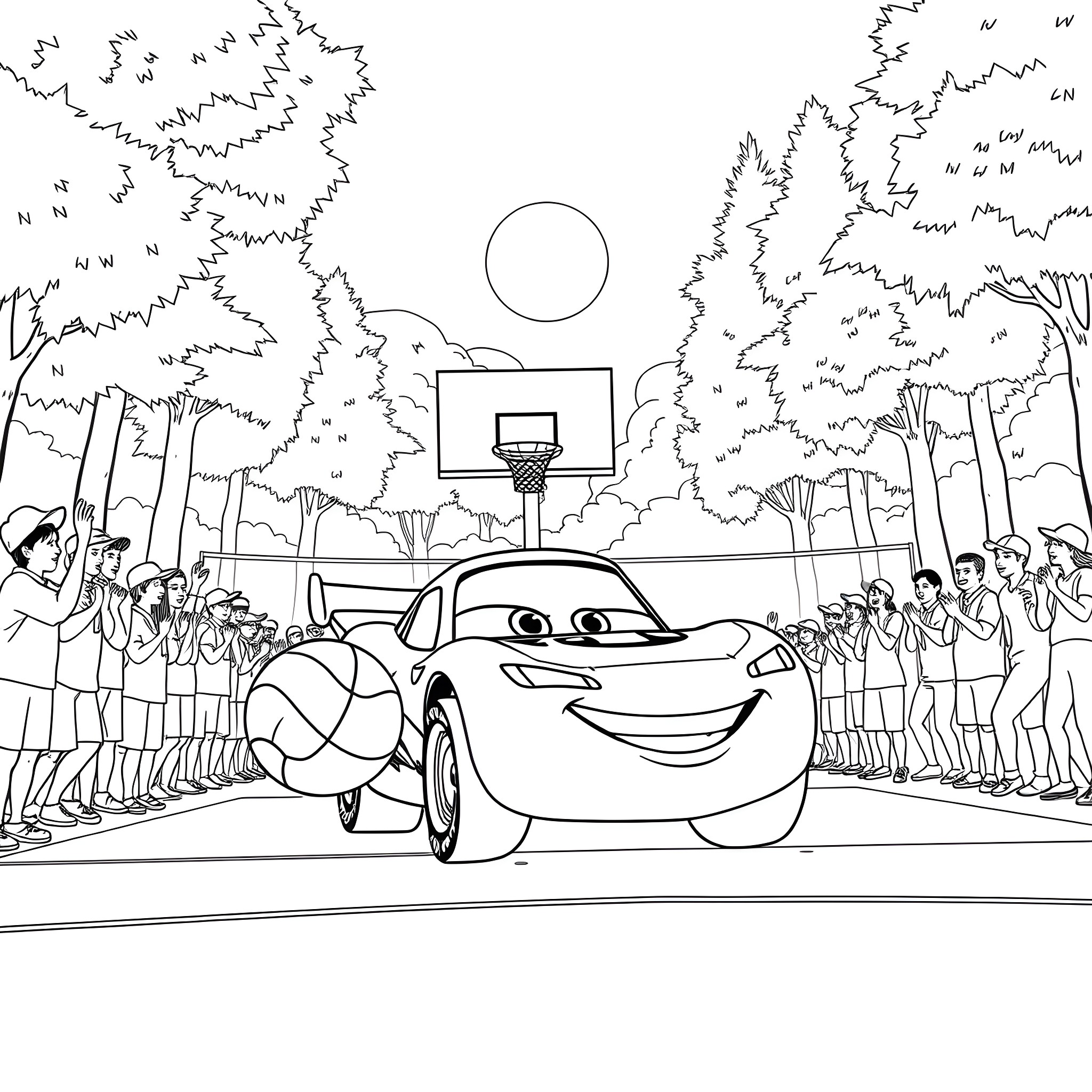 Lightning McQueen playing basketball with friends in the park Coloring Page (free black-and-white line drawing printable PDF for all, from beginners to advanced learners, including children, teens, adults, and seniors)