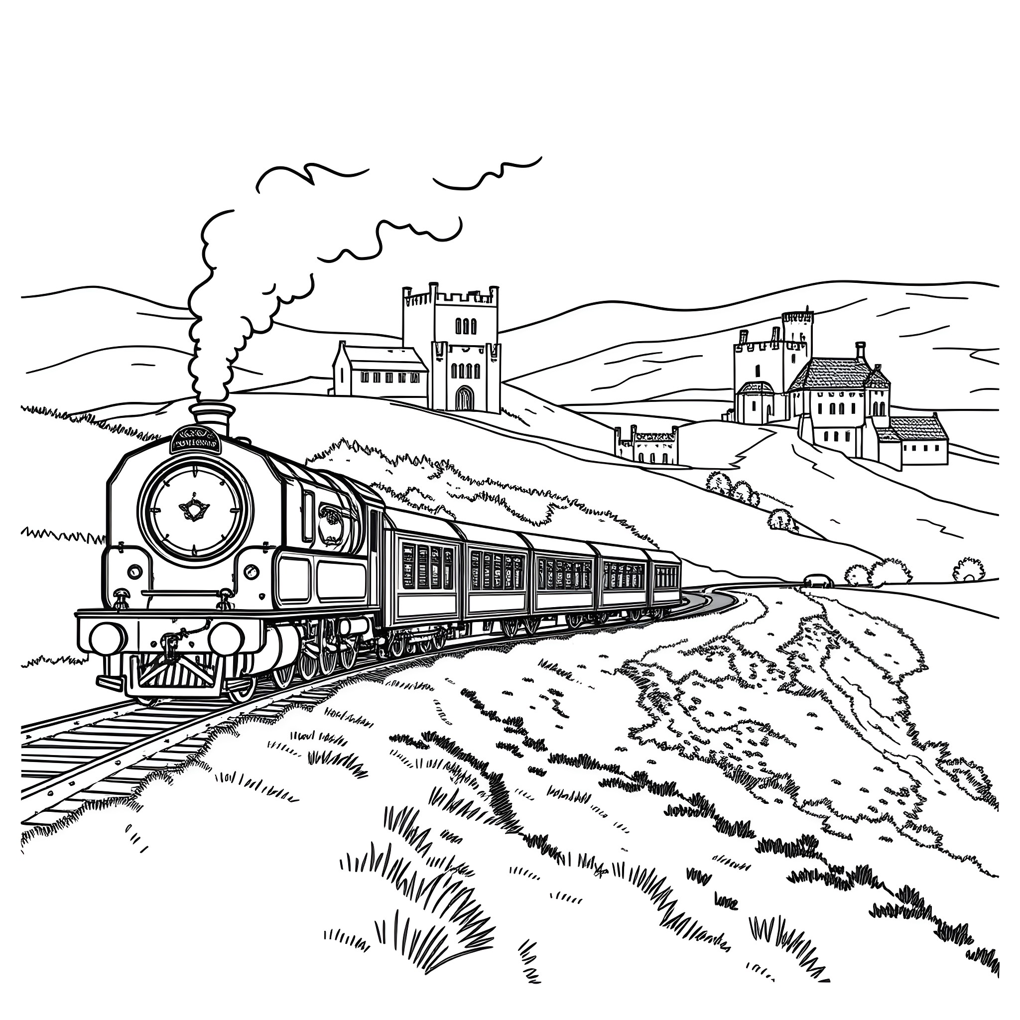 Belmond Royal Scotsman Train Travelling Through Scenic Countryside Coloring Page (free black-and-white line drawing printable PDF for all, from beginners to advanced learners, including children, teens, adults, and seniors)