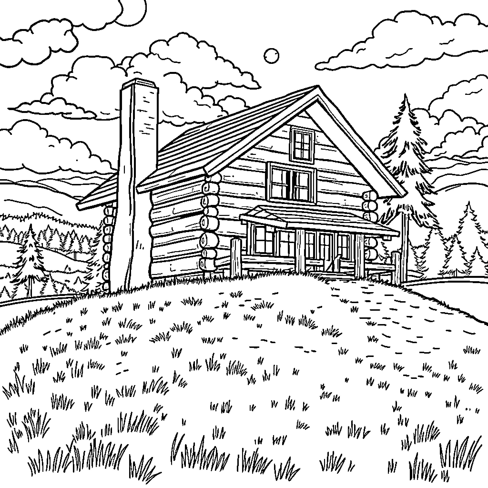Log Cabin in a Peaceful Countryside Landscape Coloring Page (free black-and-white line drawing printable PDF for all, from beginners to advanced learners, including children, teens, adults, and seniors)