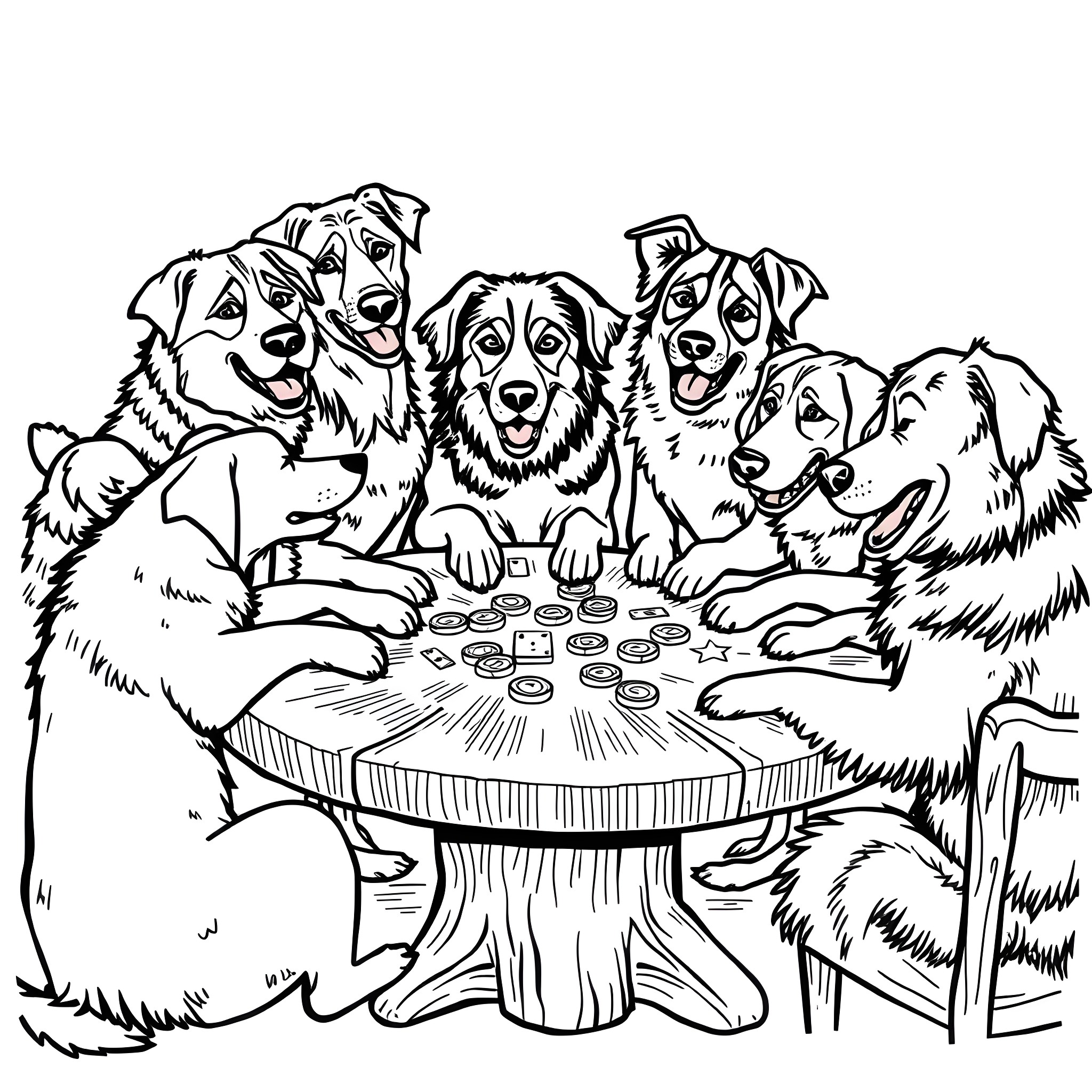 Dog friends playing board game together Coloring Page (free black-and-white line drawing printable PDF for all, from beginners to advanced learners, including children, teens, adults, and seniors)