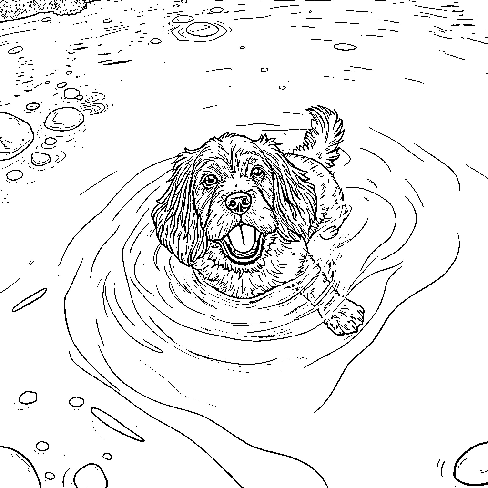 Cocker Spaniel swimming joyfully in water Coloring Page (free black-and-white line drawing printable PDF for all, from beginners to advanced learners, including children, teens, adults, and seniors)