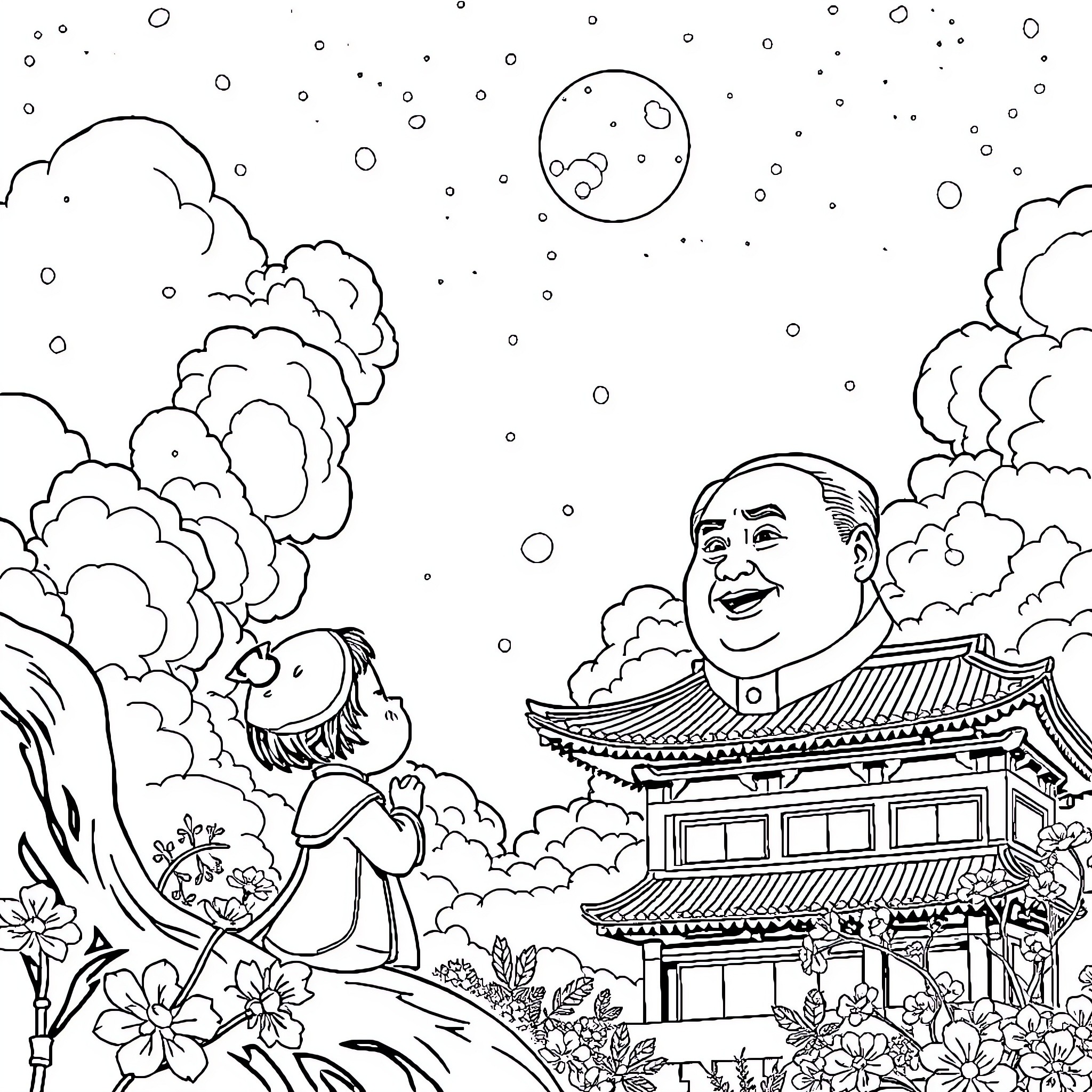 Jinshi in a Whimsical Celestial Landscape Coloring Page (free black-and-white line drawing printable PDF for all, from beginners to advanced learners, including children, teens, adults, and seniors)