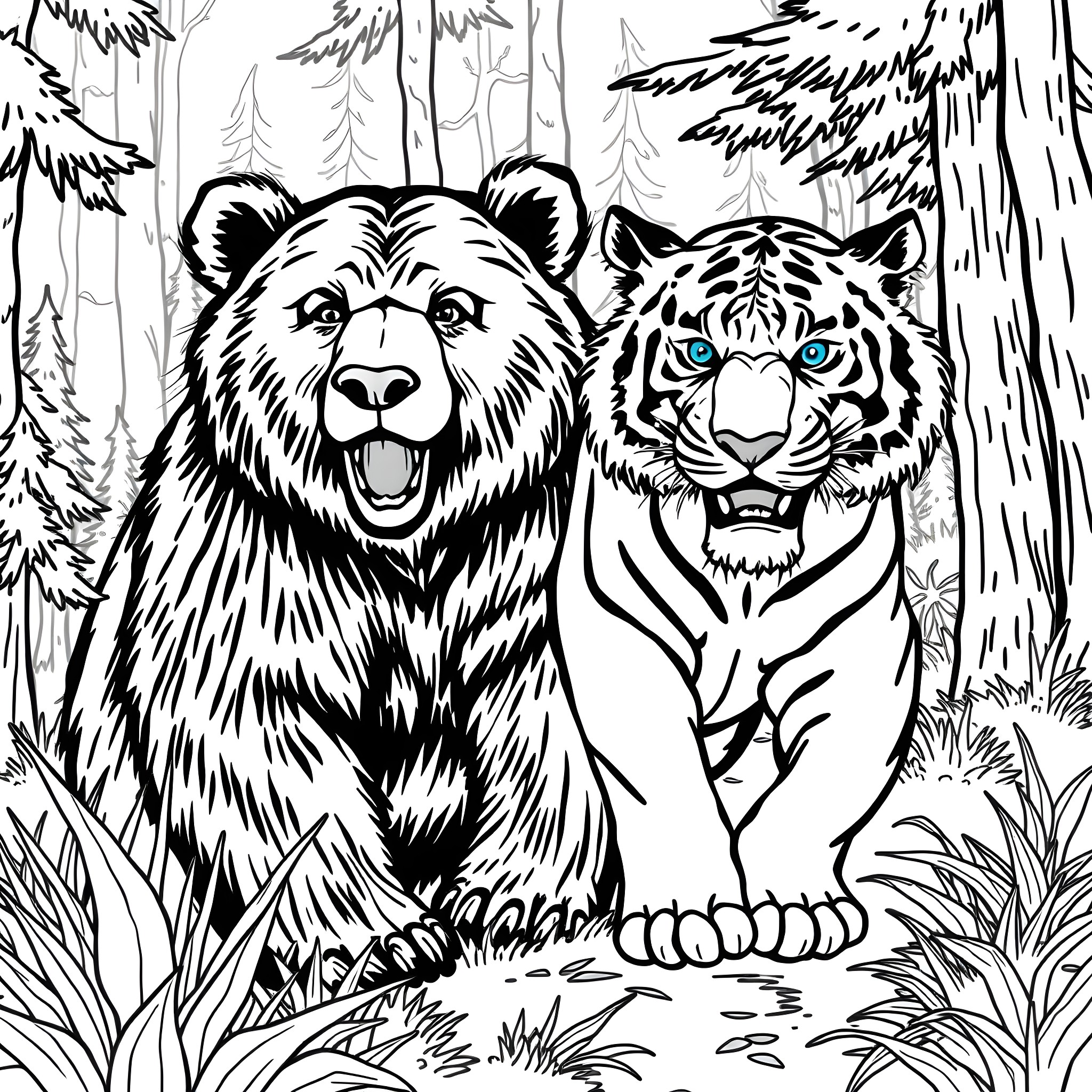 Bear and tiger in the forest Coloring Page (free black-and-white line drawing printable PDF for all, from beginners to advanced learners, including children, teens, adults, and seniors)