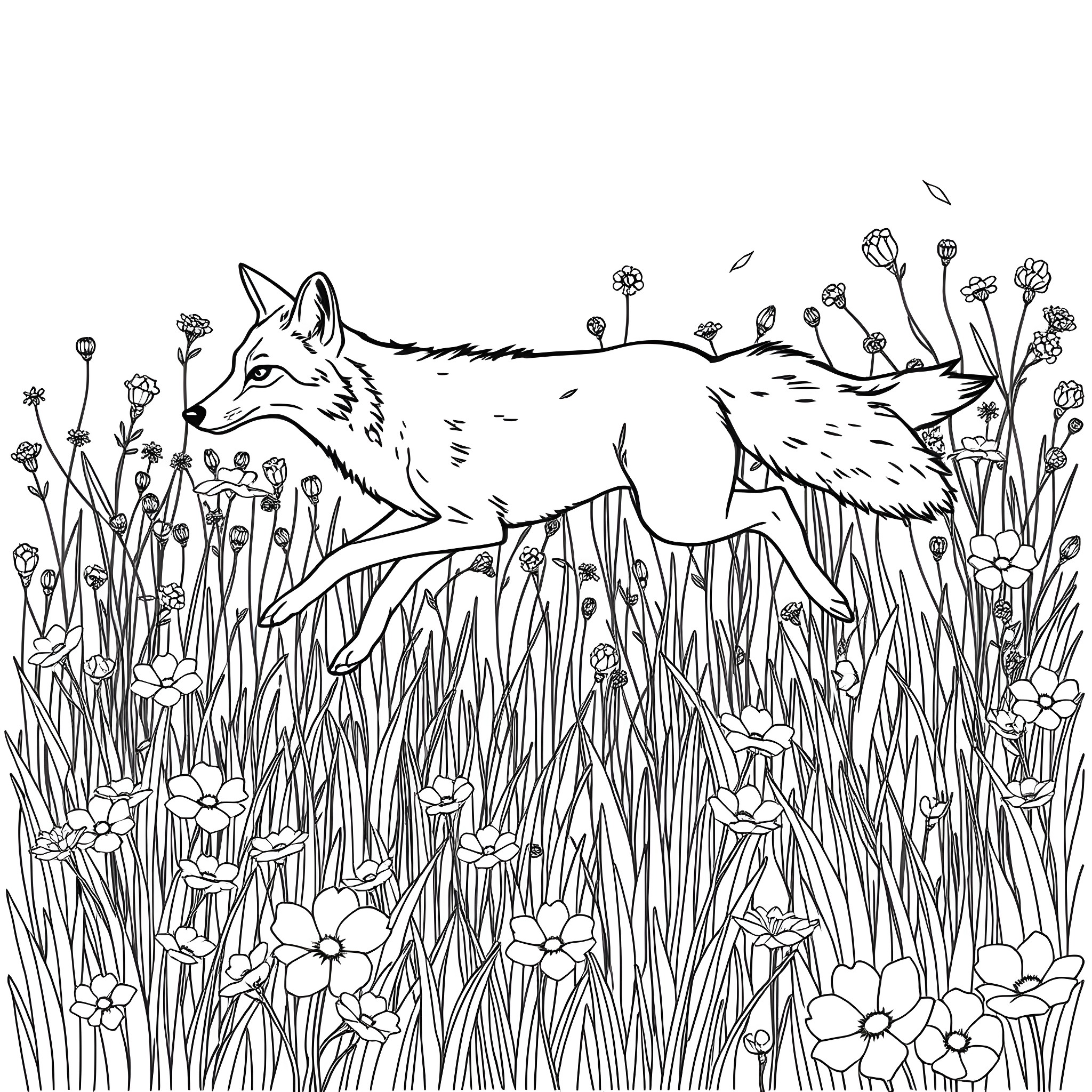 Coyote stalking through the floral meadow Coloring Page (free black-and-white line drawing printable PDF for all, from beginners to advanced learners, including children, teens, adults, and seniors)