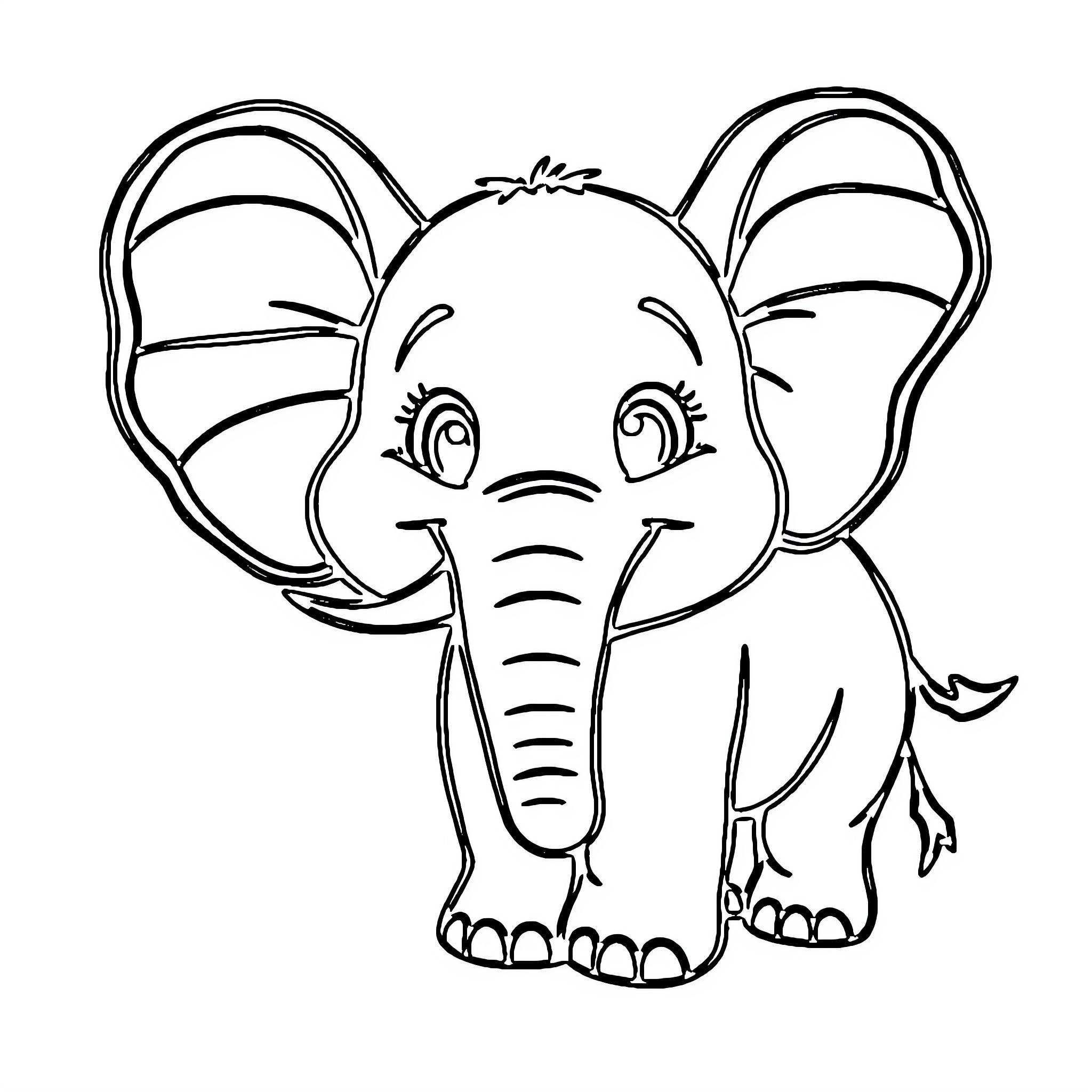 Elephant with large eyes and expressive face Coloring Page (free black-and-white line drawing printable PDF for all, from beginners to advanced learners, including children, teens, adults, and seniors)