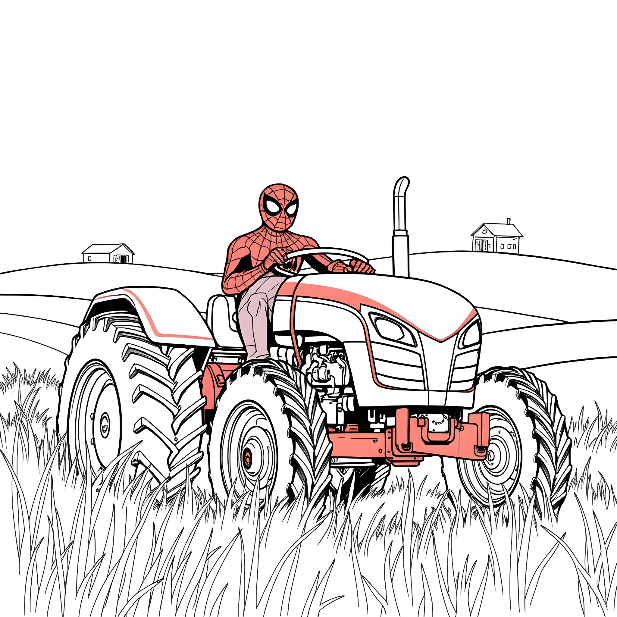 Spiderman driving a red tractor in the countryside Coloring Page (free black-and-white line drawing printable PDF for all, from beginners to advanced learners, including children, teens, adults, and seniors)