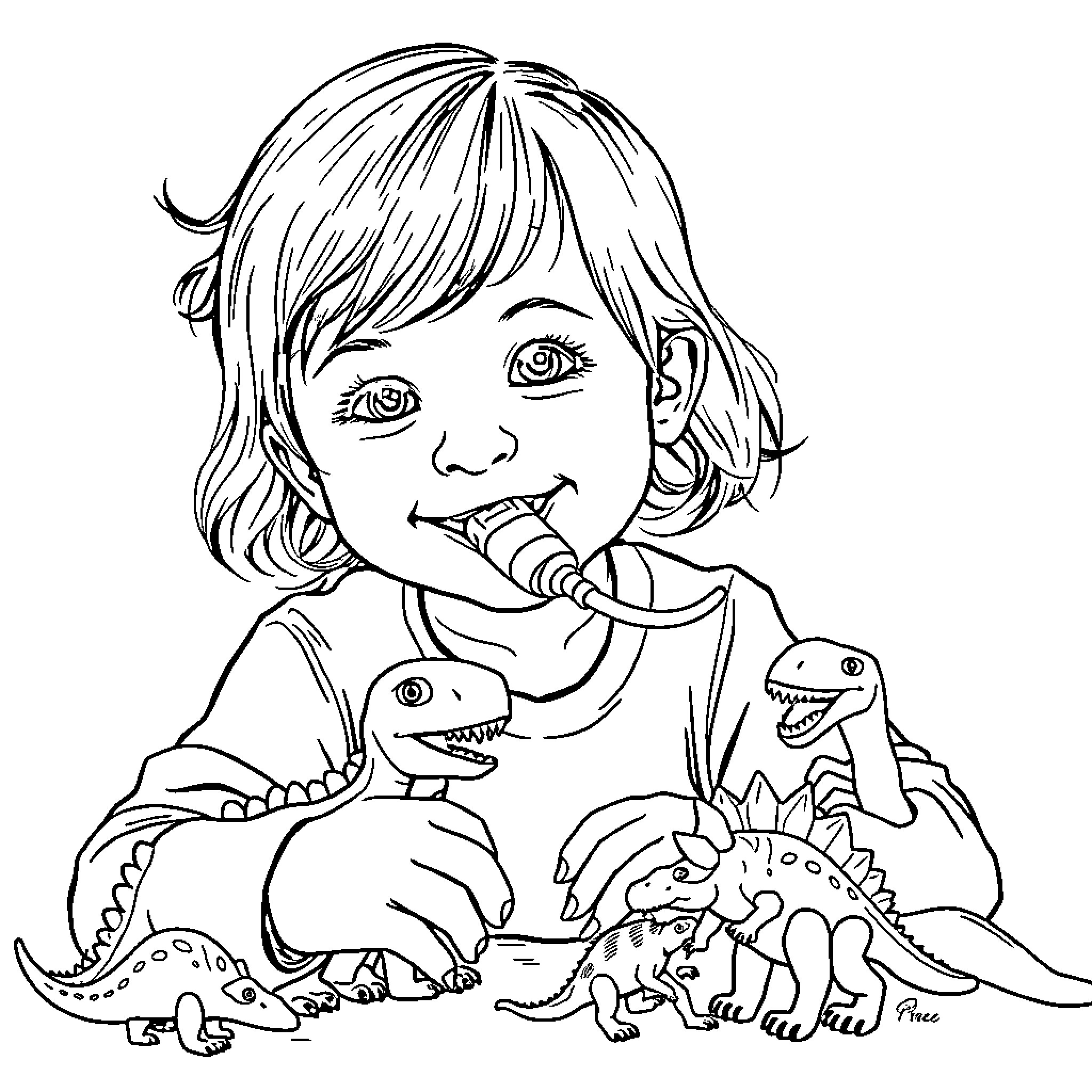 Toddler playing with dinosaur toys Coloring Page (free black-and-white line drawing printable PDF for all, from beginners to advanced learners, including children, teens, adults, and seniors)