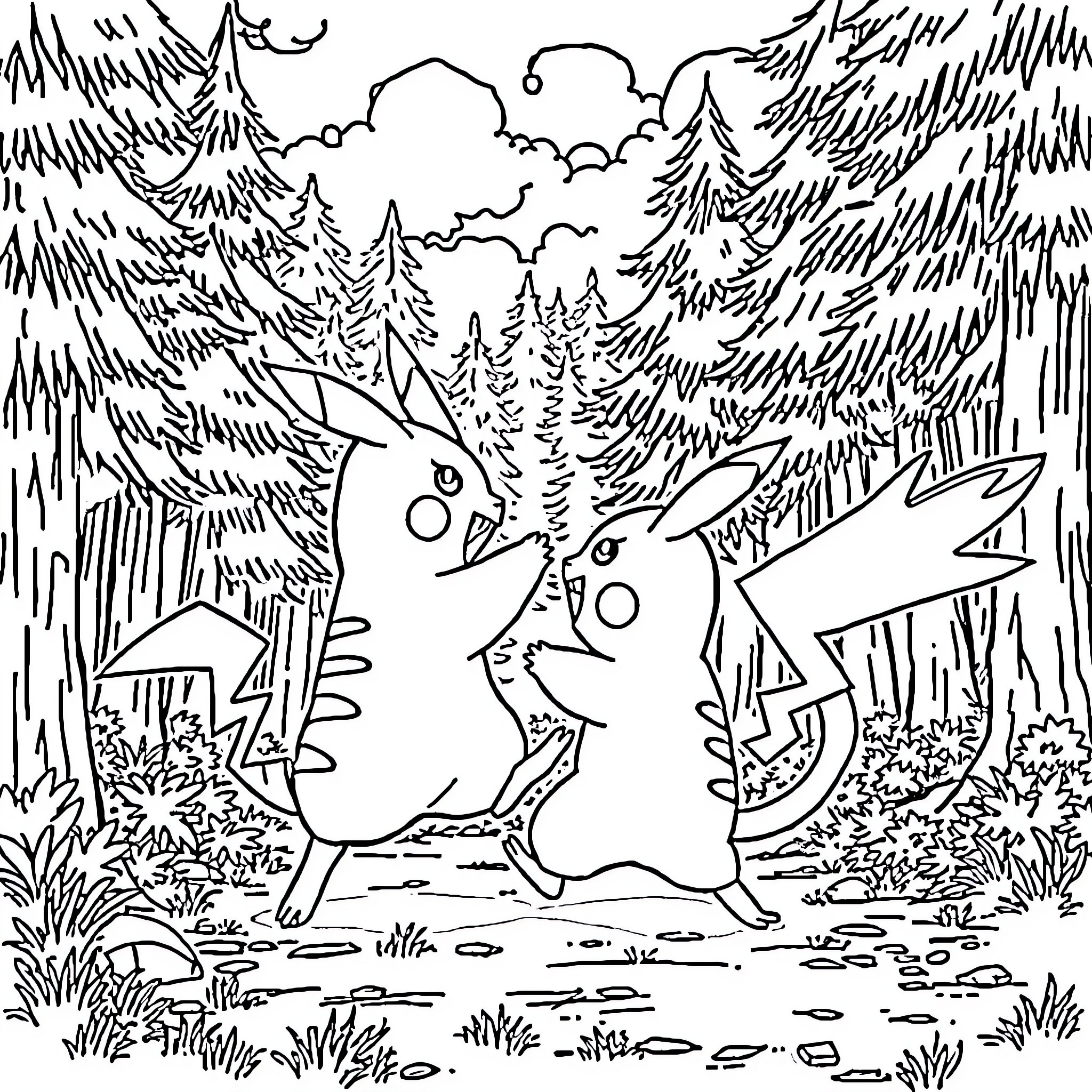 Pikachu exploring the enchanted forest Coloring Page (free black-and-white line drawing printable PDF for all, from beginners to advanced learners, including children, teens, adults, and seniors)