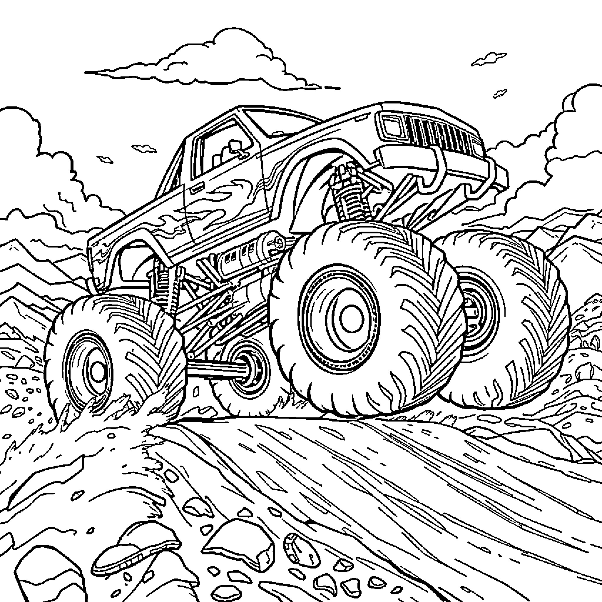 Monster Truck Jumping Over Rugged Terrain Coloring Page (free black-and-white line drawing printable PDF for all, from beginners to advanced learners, including children, teens, adults, and seniors)