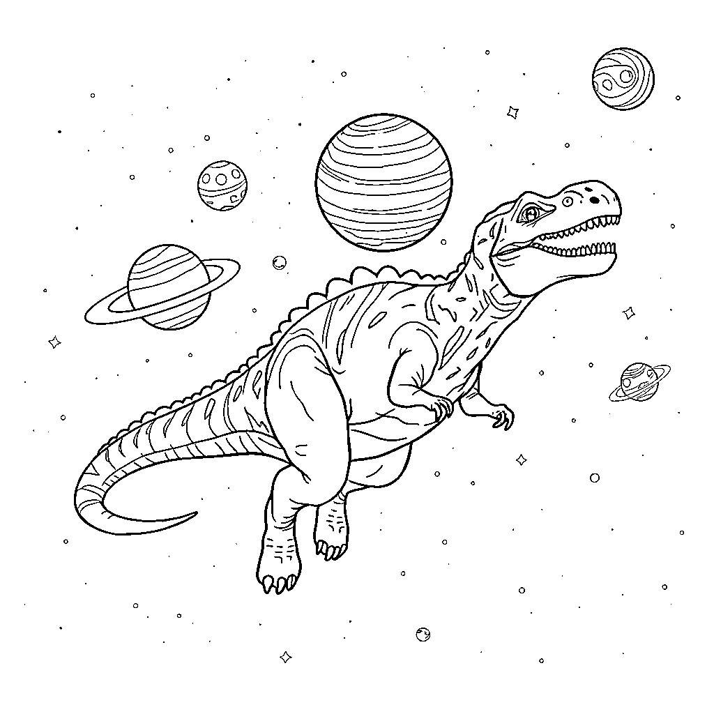 Dinosaur roaring amidst cosmic planets and stars Coloring Page (free black-and-white line drawing printable PDF for all, from beginners to advanced learners, including children, teens, adults, and seniors)