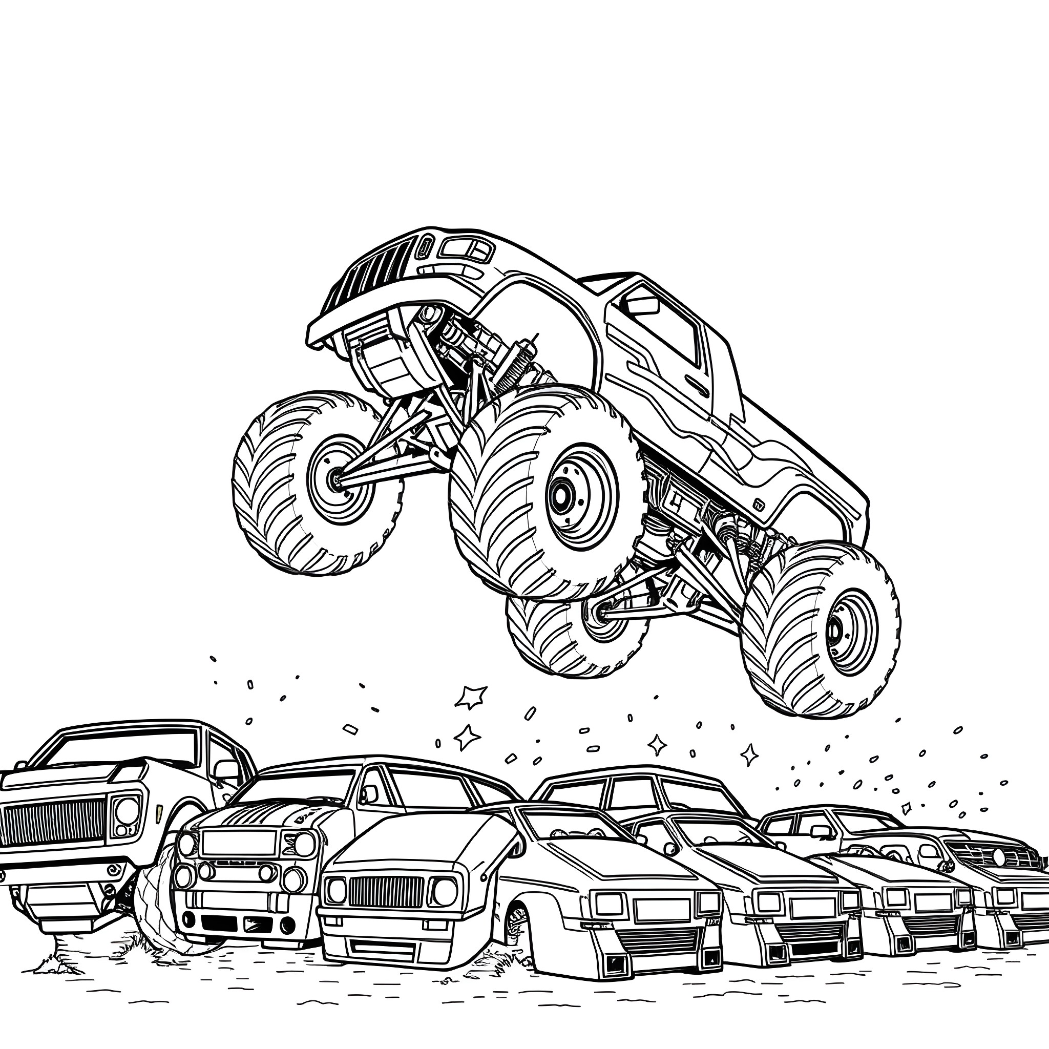Monster Truck Crushing Smaller Vehicles in Dramatic Scene Coloring Page (free black-and-white line drawing printable PDF for all, from beginners to advanced learners, including children, teens, adults, and seniors)