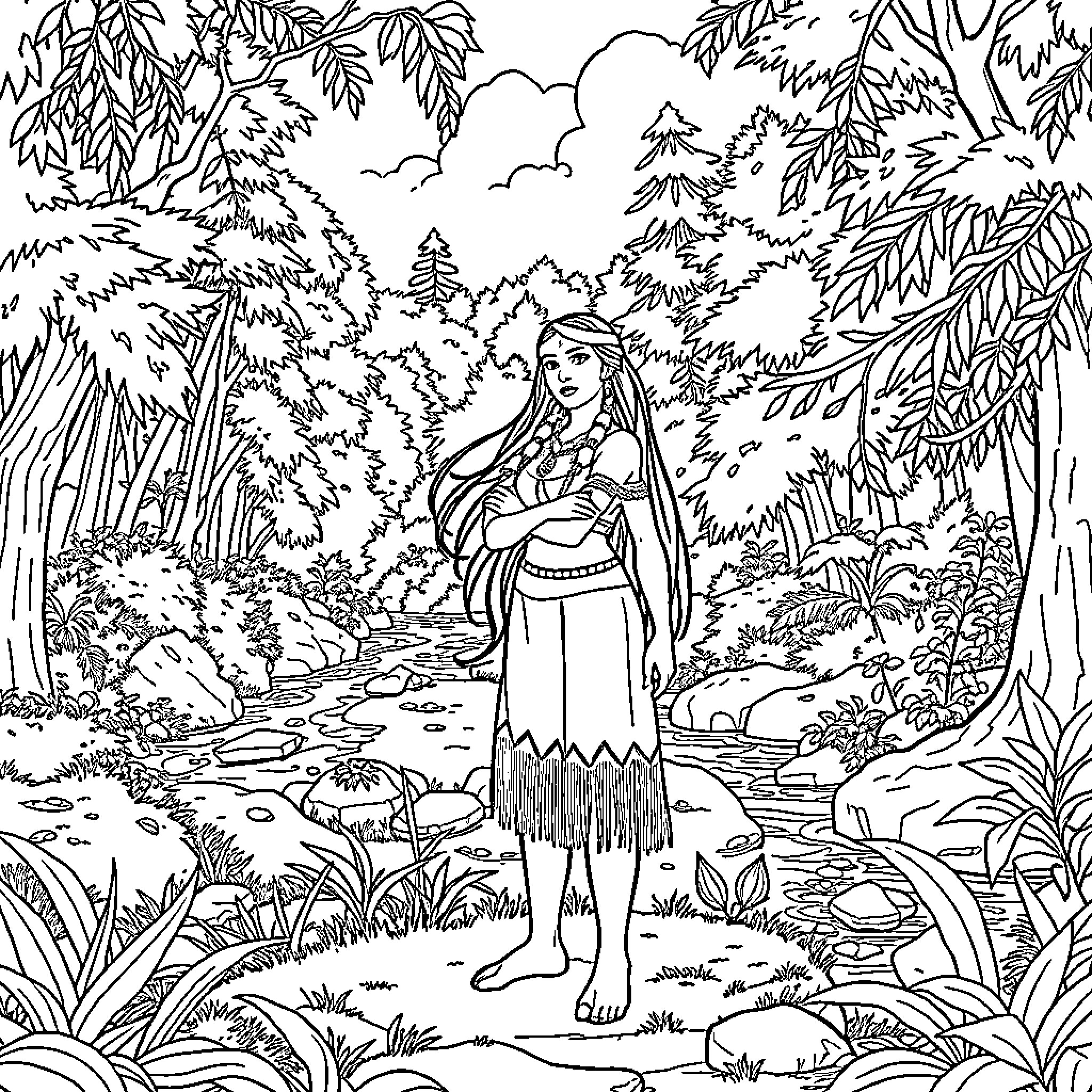 Pocahontas in the enchanting forest landscape Coloring Page (free black-and-white line drawing printable PDF for all, from beginners to advanced learners, including children, teens, adults, and seniors)