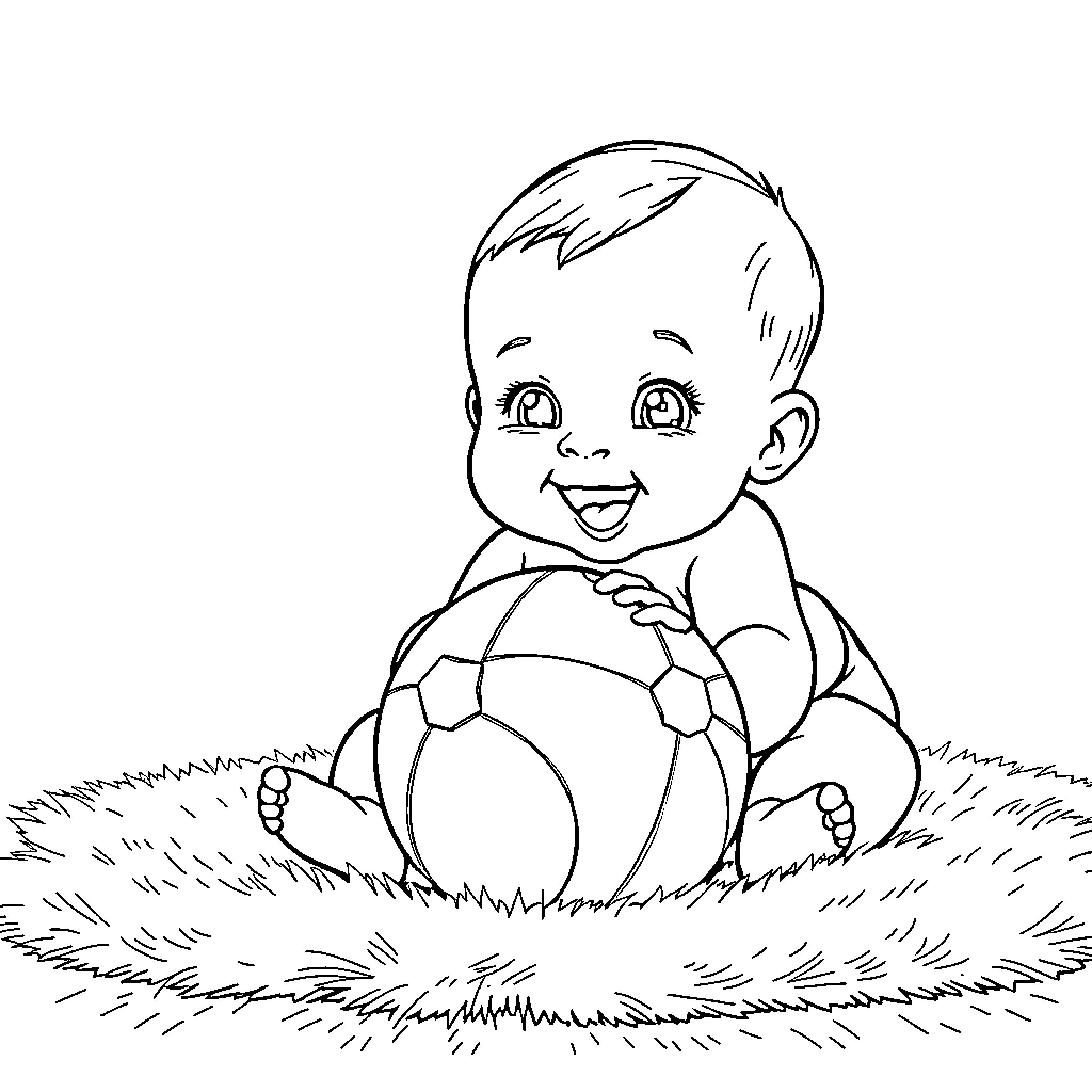 Baby playing happily with ball in field Coloring Page (free black-and-white line drawing printable PDF for all, from beginners to advanced learners, including children, teens, adults, and seniors)