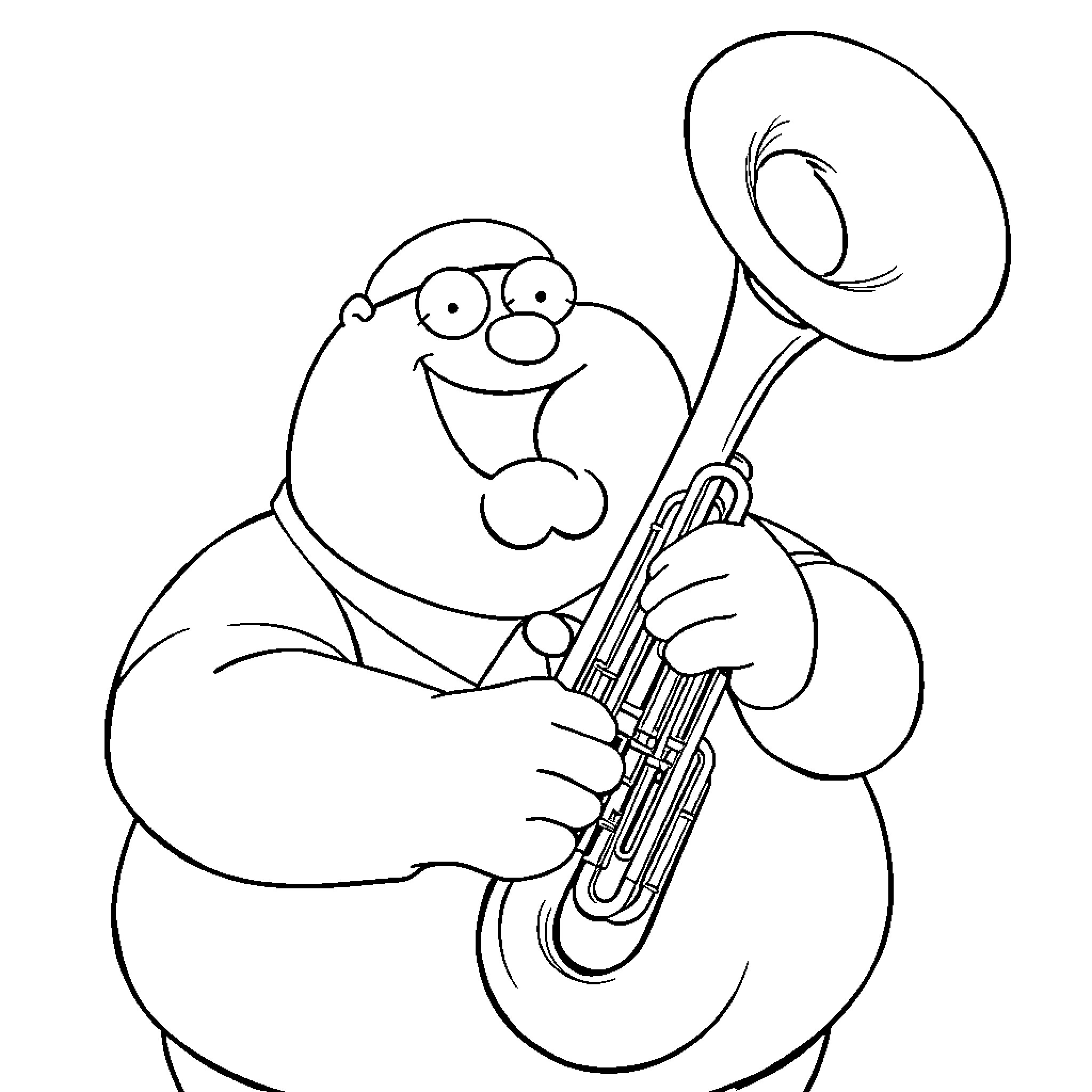 Peter Griffin playing a tuba with enthusiasm Coloring Page (free black-and-white line drawing printable PDF for all, from beginners to advanced learners, including children, teens, adults, and seniors)