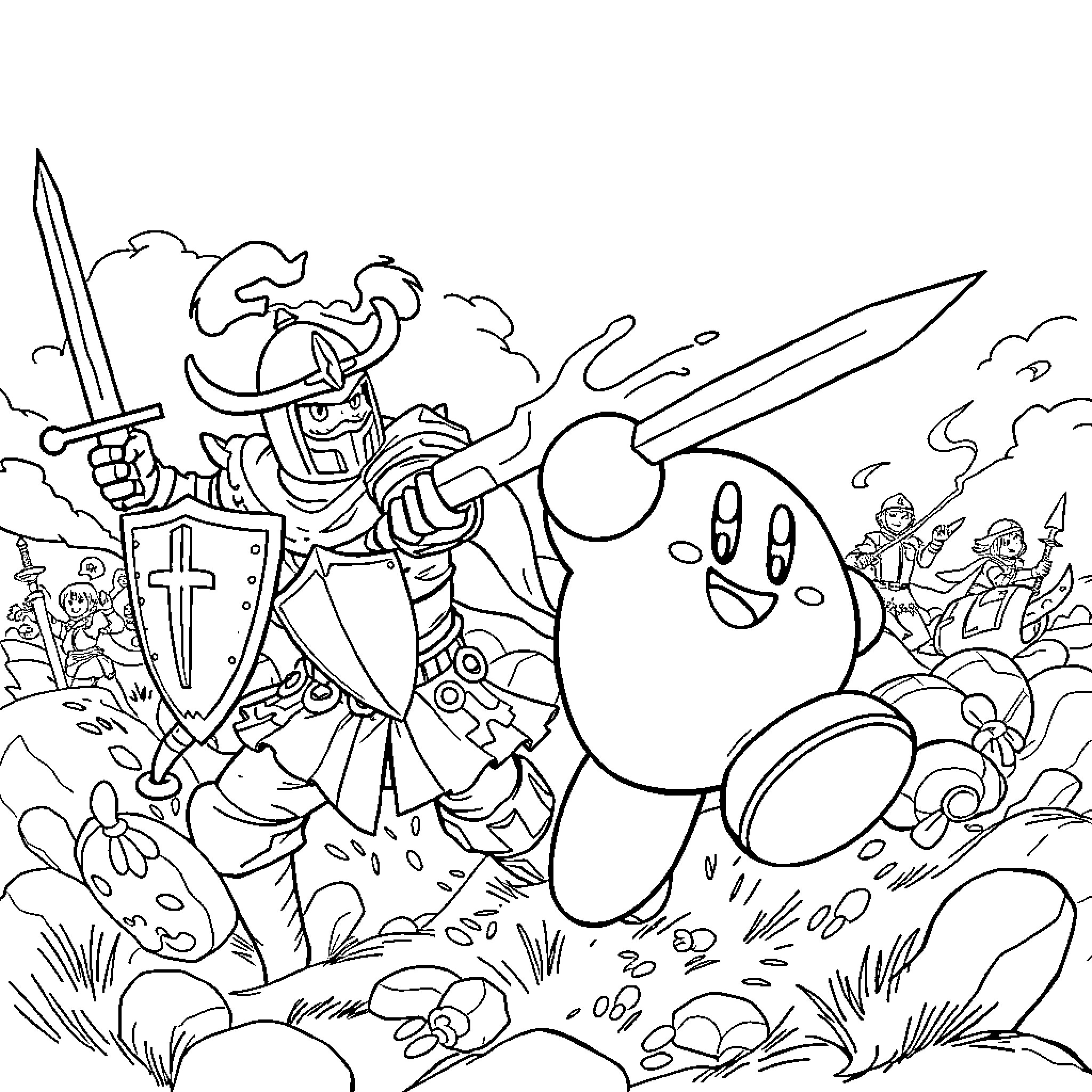 Knight Warrior Battling Mysterious Creature in Fantasy Landscape Coloring Page (free black-and-white line drawing printable PDF for all, from beginners to advanced learners, including children, teens, adults, and seniors)