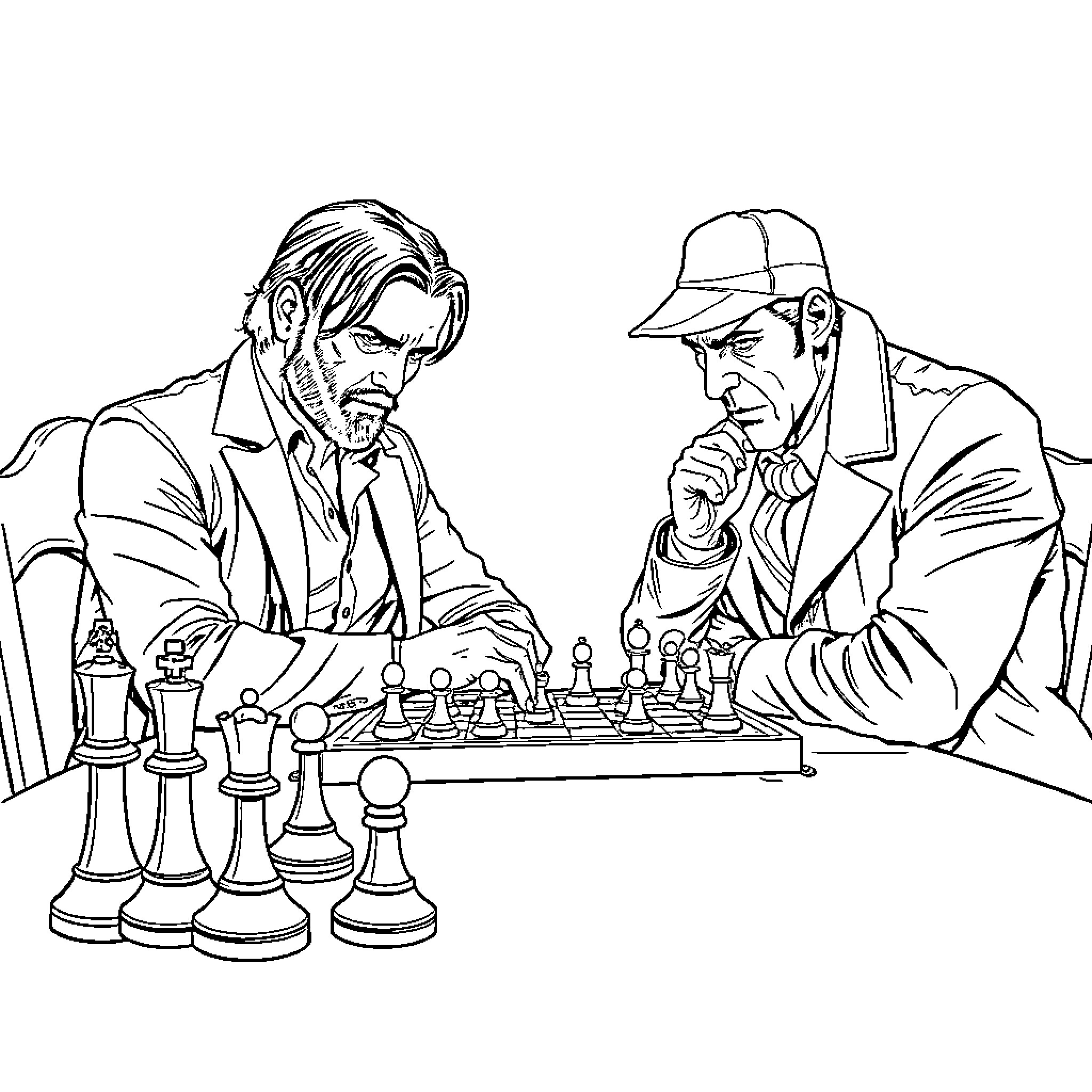 John Wick's Intellectual Showdown: Chess Match Coloring Page (free black-and-white line drawing printable PDF for all, from beginners to advanced learners, including children, teens, adults, and seniors)