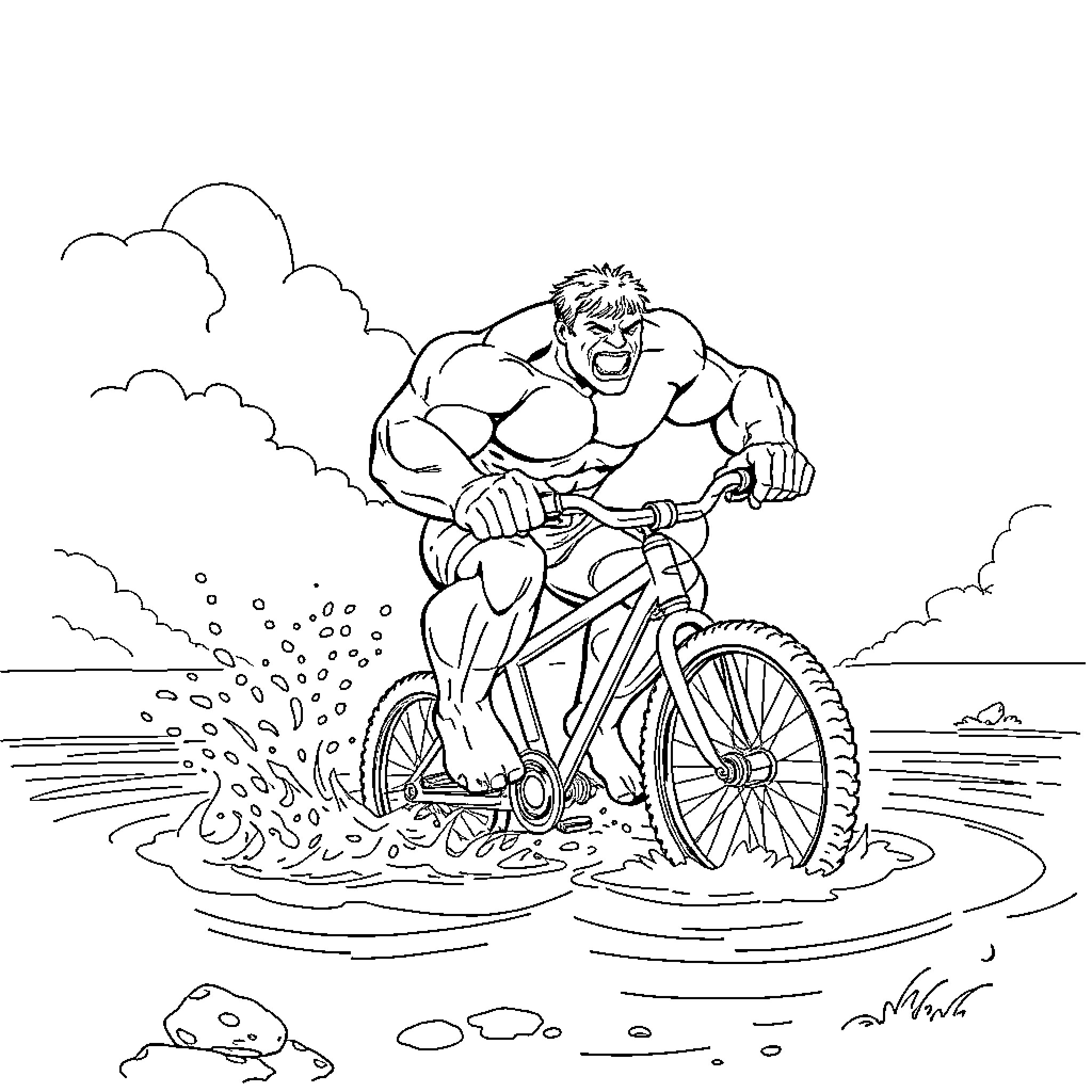 Hulk Riding a Bicycle Through Water Coloring Page (free black-and-white line drawing printable PDF for all, from beginners to advanced learners, including children, teens, adults, and seniors)