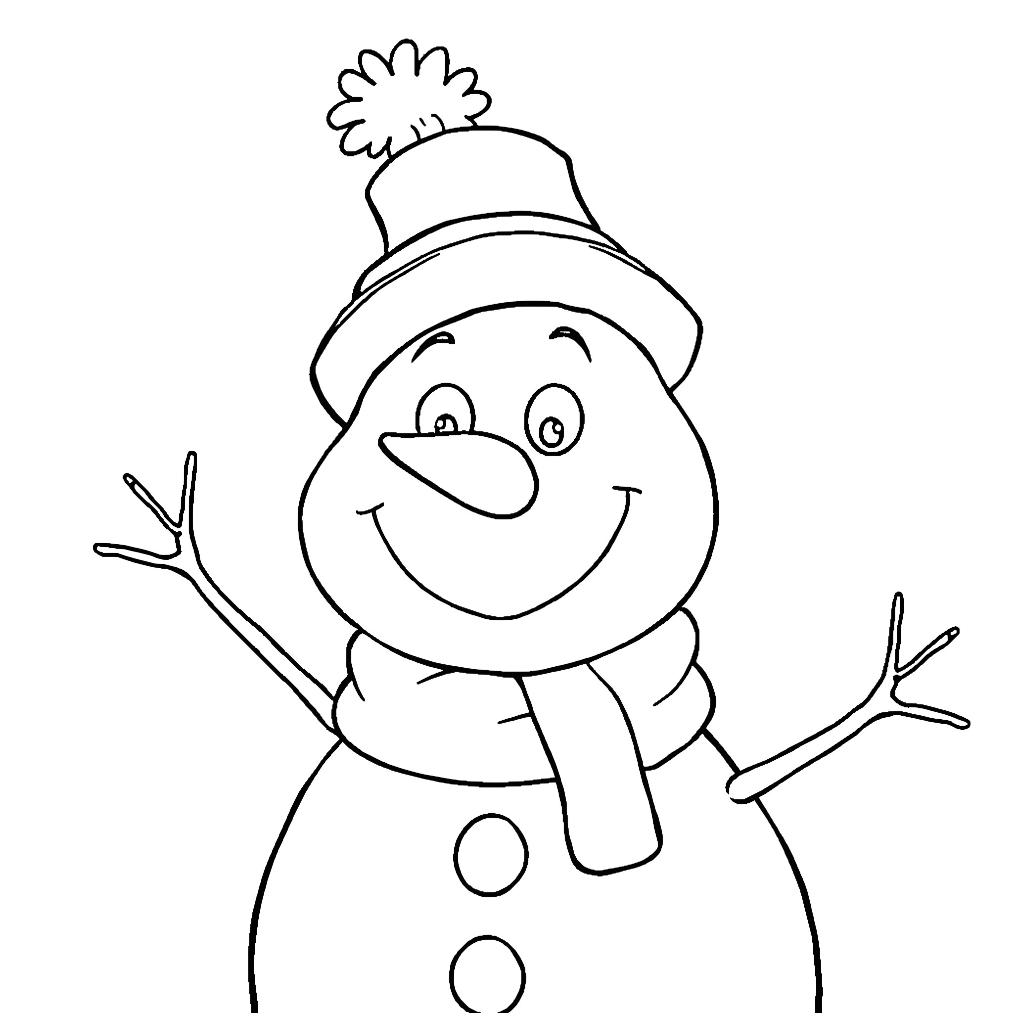 Snowman in a festive hat waving cheerfully Coloring Page (free black-and-white line drawing printable PDF for all, from beginners to advanced learners, including children, teens, adults, and seniors)