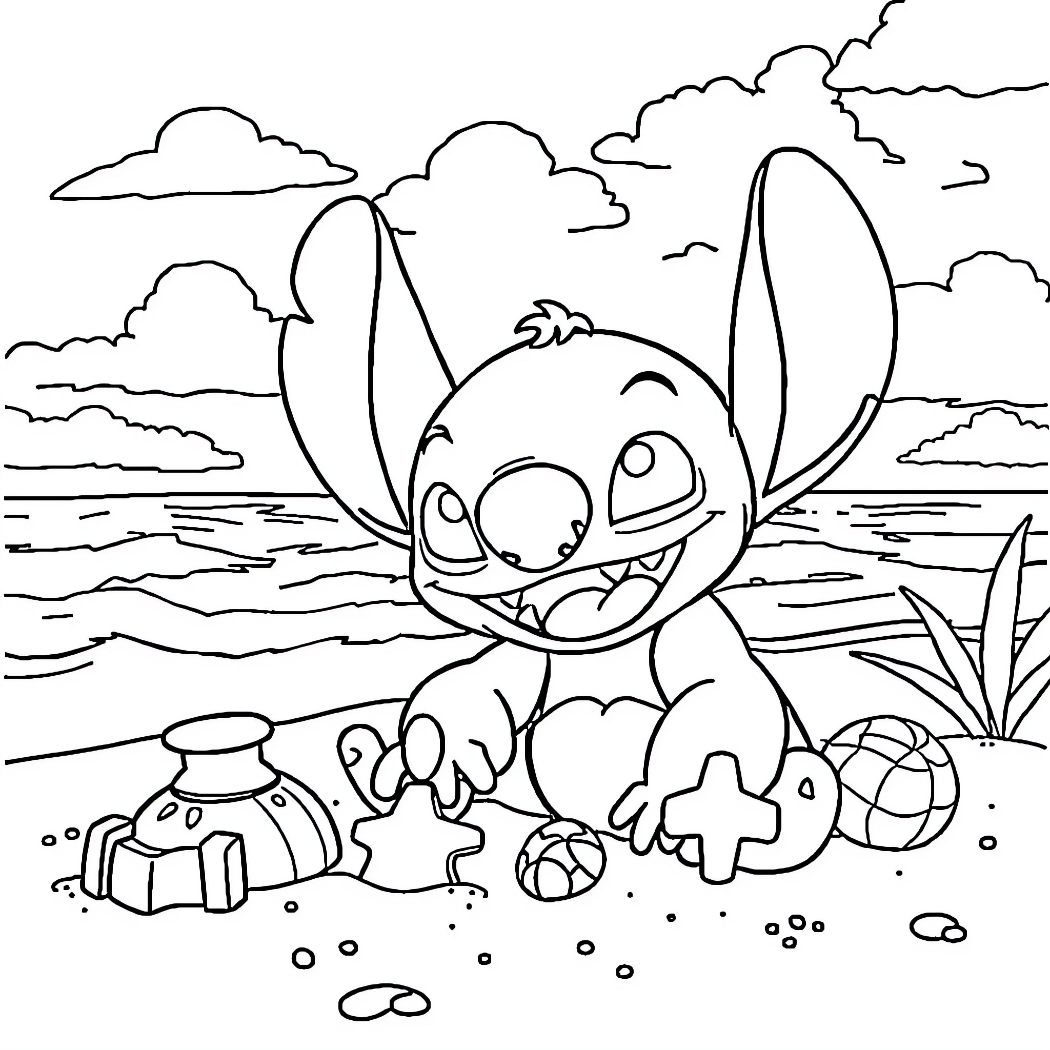 Stitch exploring the beach with toys Coloring Page (free black-and-white line drawing printable PDF for all, from beginners to advanced learners, including children, teens, adults, and seniors)