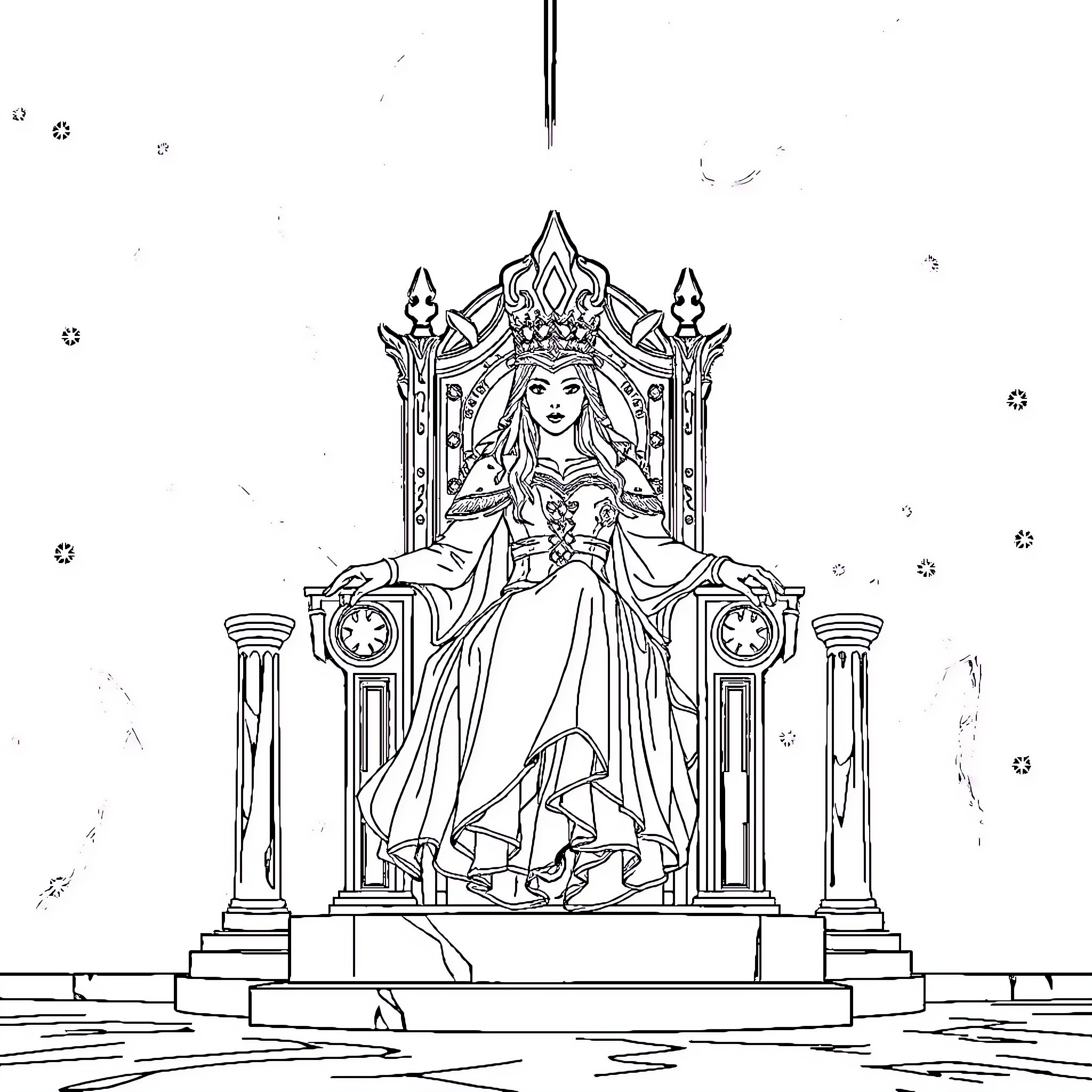 Aelin sitting on a magnificent throne Coloring Page (free black-and-white line drawing printable PDF for all, from beginners to advanced learners, including children, teens, adults, and seniors)