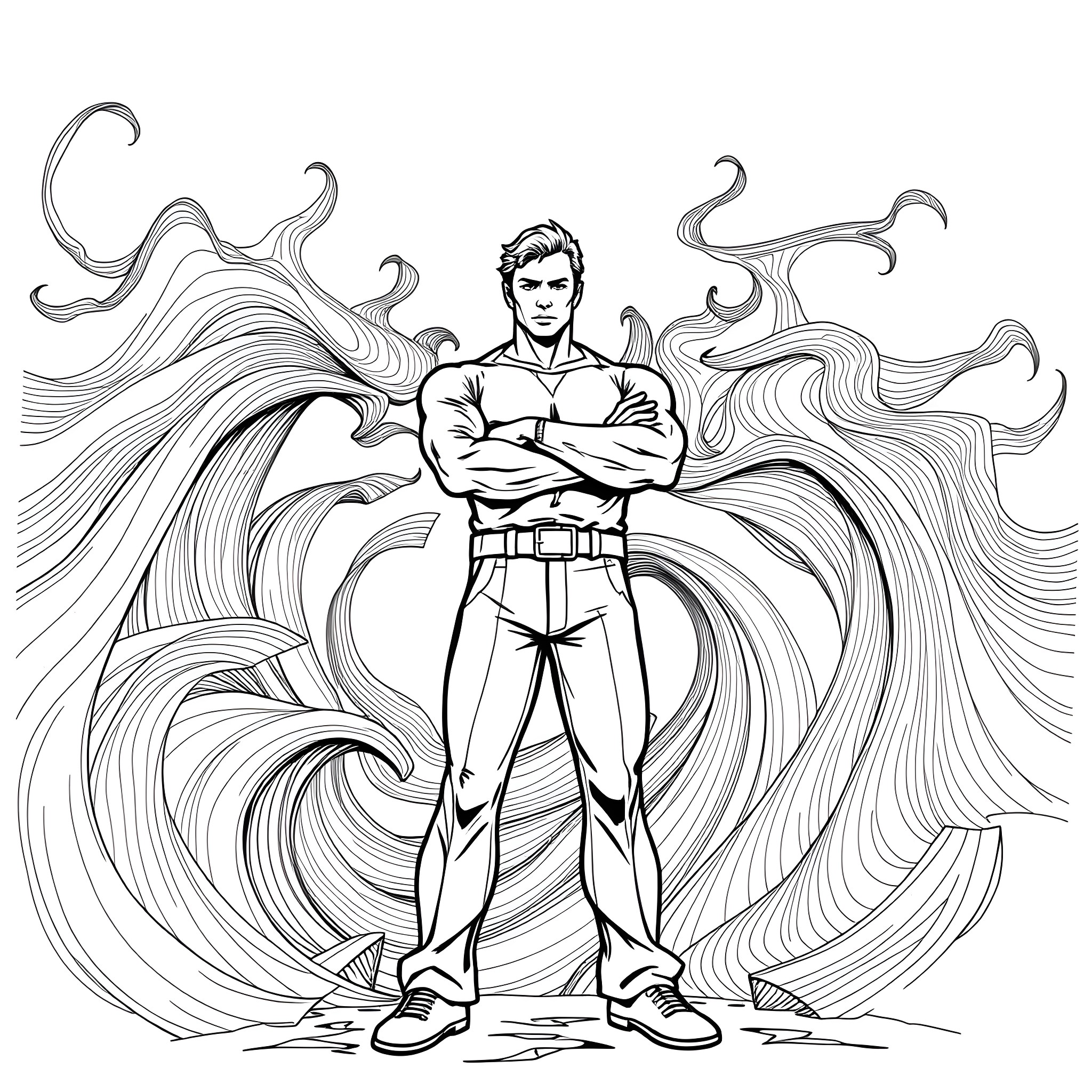 Stop Sine: Heroic Pose Amid Swirling Waves Coloring Page (free black-and-white line drawing printable PDF for all, from beginners to advanced learners, including children, teens, adults, and seniors)