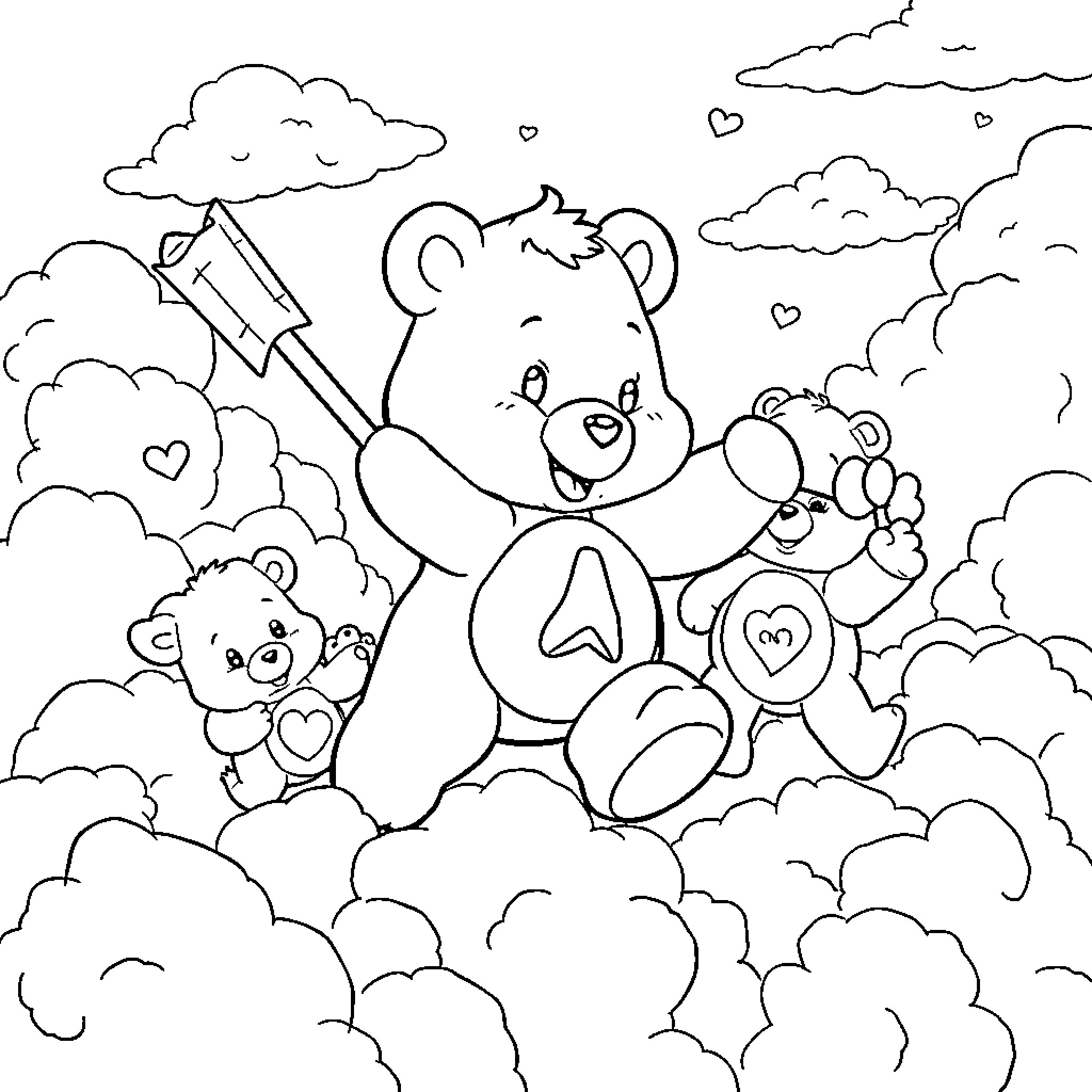 Gummi Bear friends playing in the clouds Coloring Page (free black-and-white line drawing printable PDF for all, from beginners to advanced learners, including children, teens, adults, and seniors)