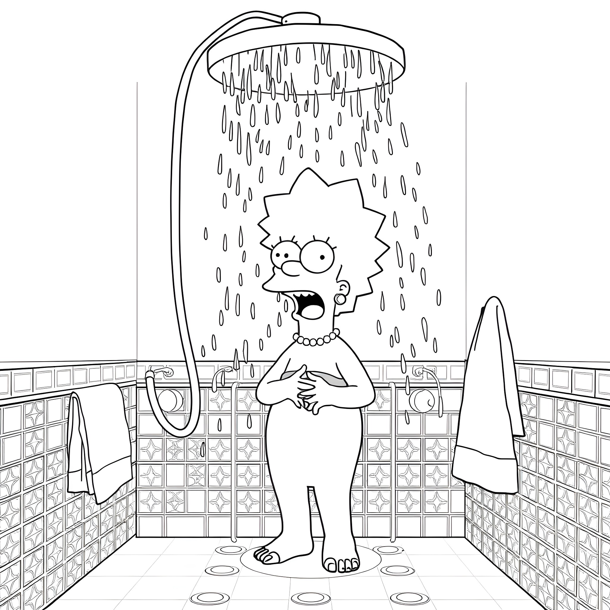 Marge Simpson taking a shower in the bathroom Coloring Page (free black-and-white line drawing printable PDF for all, from beginners to advanced learners, including children, teens, adults, and seniors)