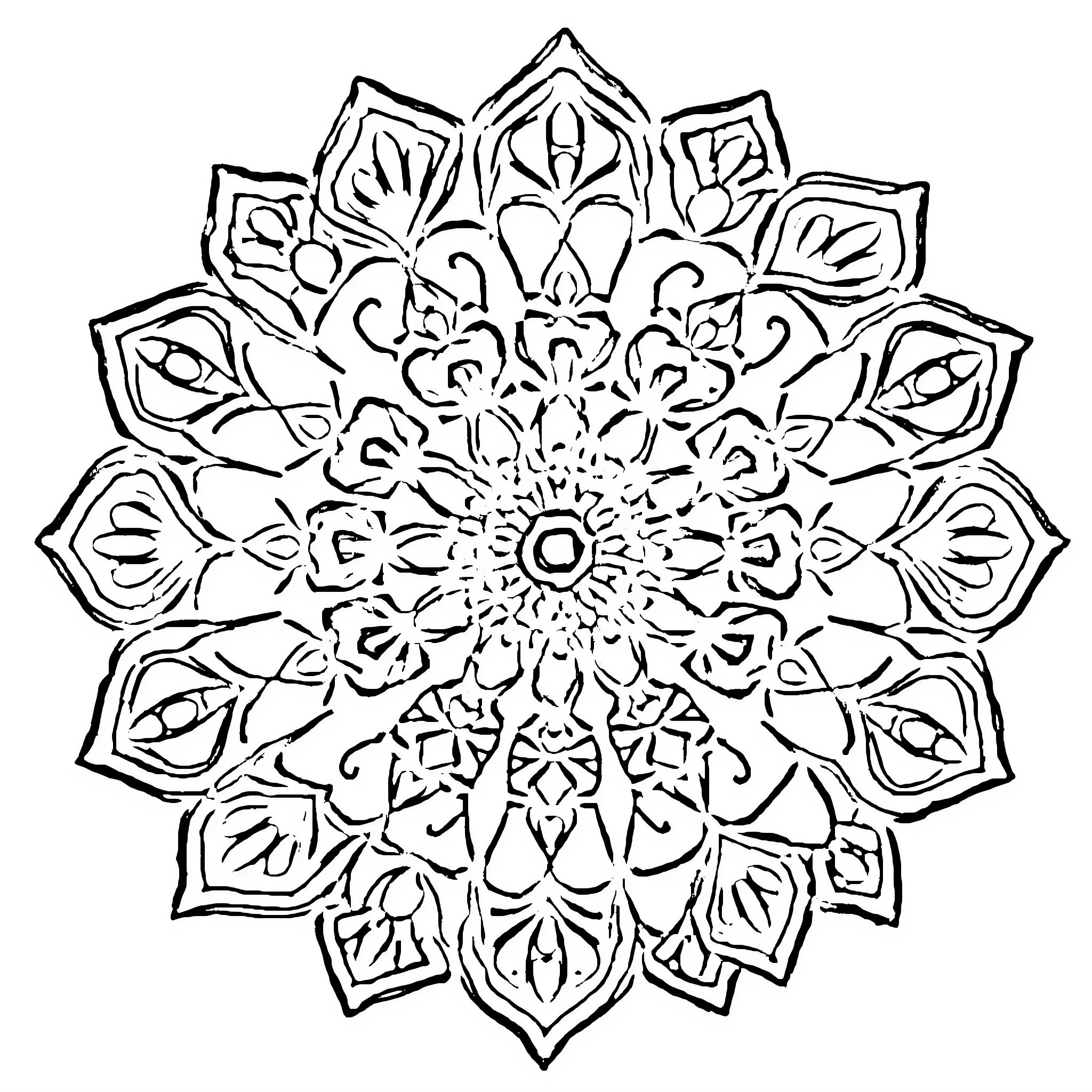 Mandalas with intricate floral patterns Coloring Page (free black-and-white line drawing printable PDF for all, from beginners to advanced learners, including children, teens, adults, and seniors)