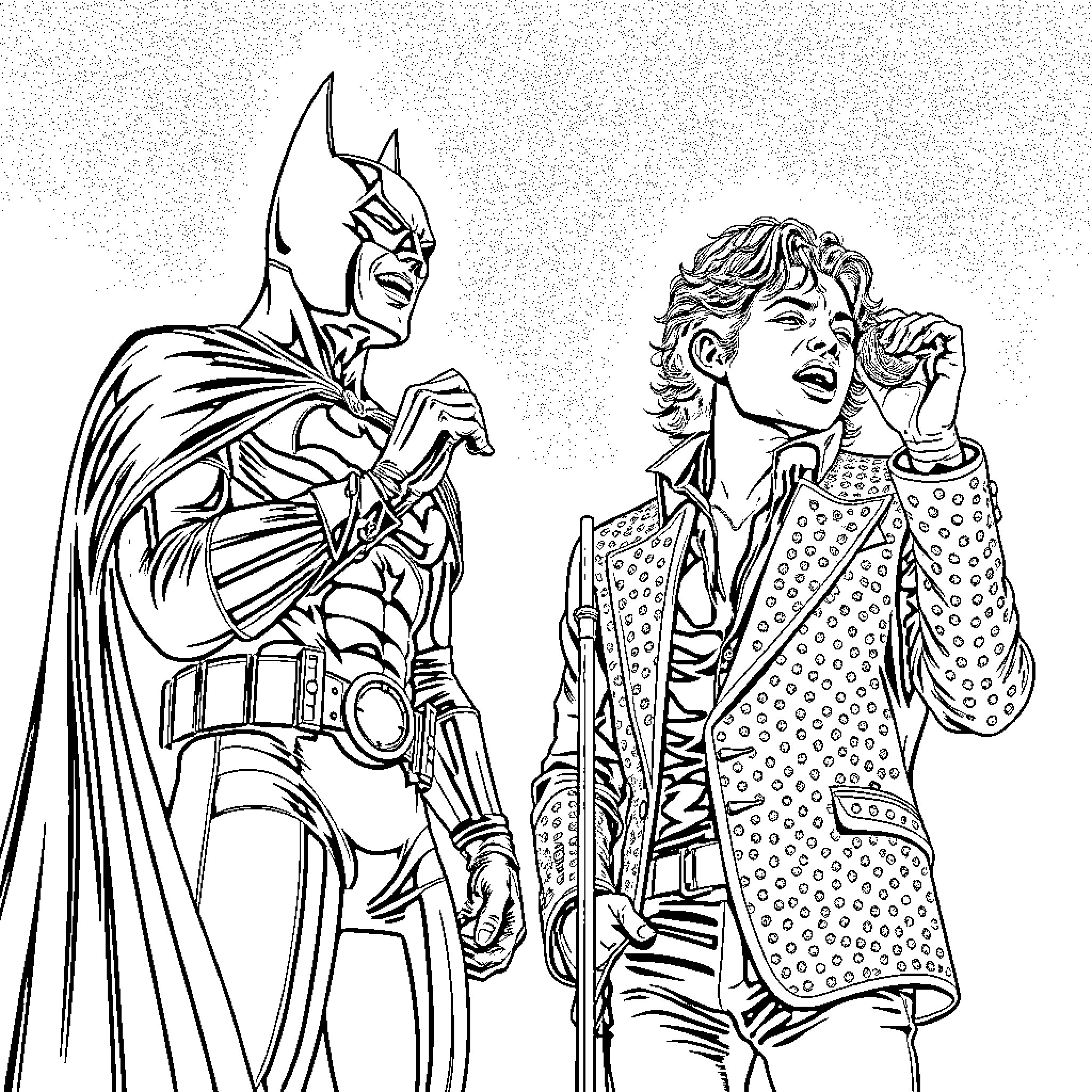 Batman in discussion with an eccentric companion Coloring Page (free black-and-white line drawing printable PDF for all, from beginners to advanced learners, including children, teens, adults, and seniors)