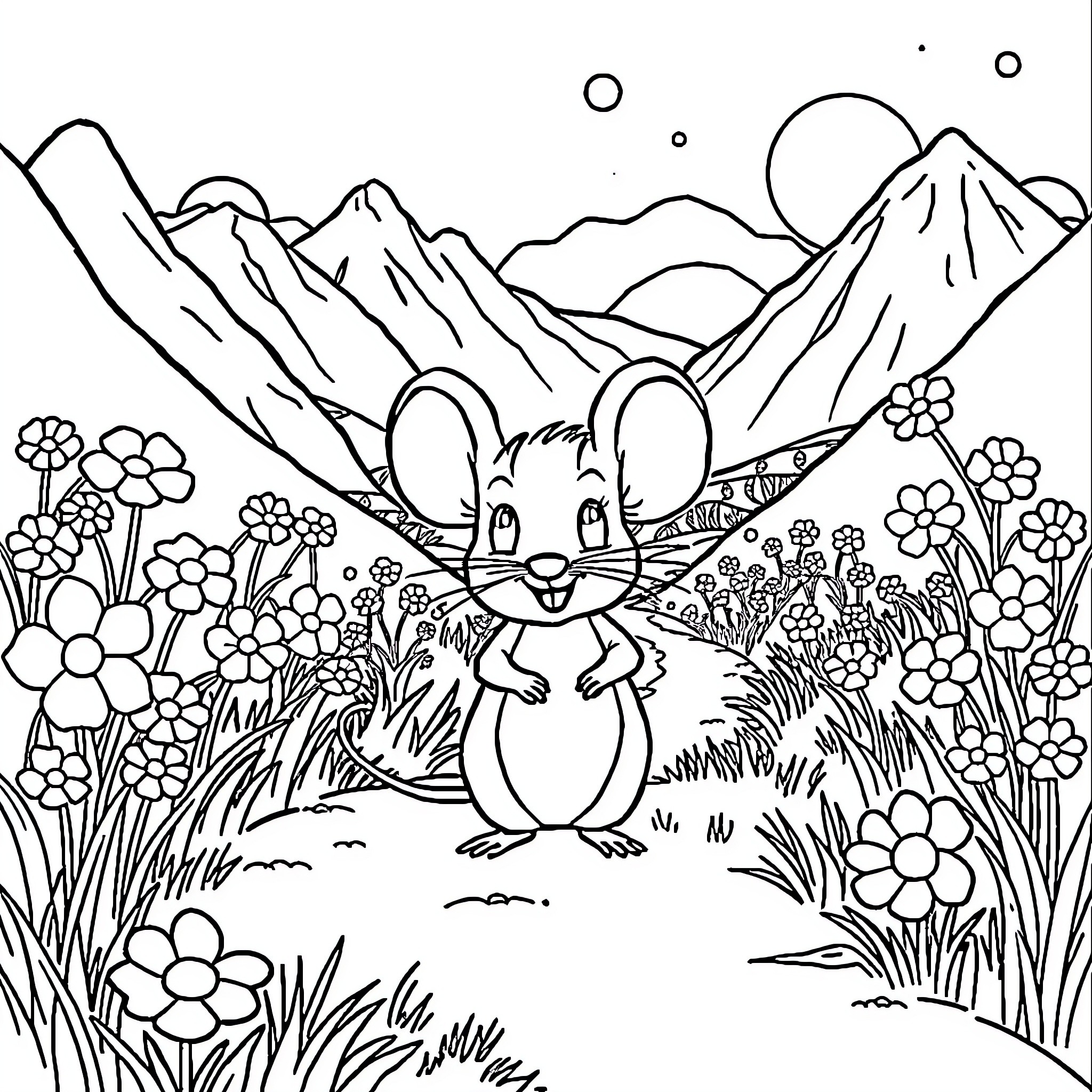 Mouse exploring a flowery mountain landscape Coloring Page (free black-and-white line drawing printable PDF for all, from beginners to advanced learners, including children, teens, adults, and seniors)