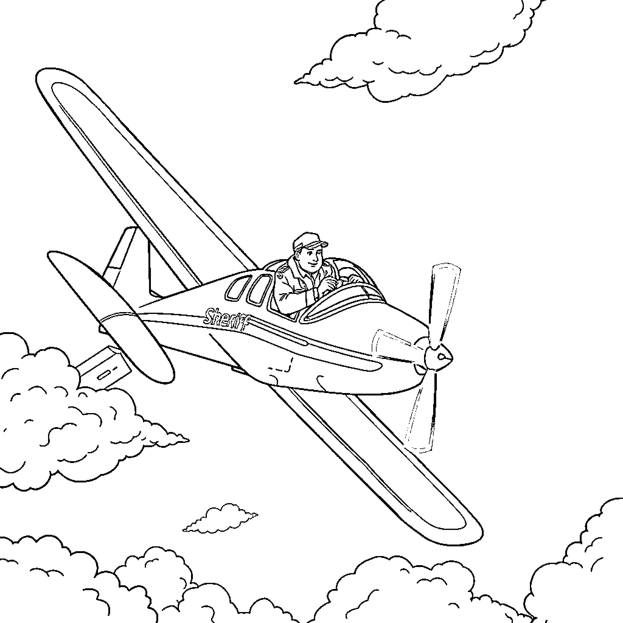 Sheriff piloting vintage aircraft in cloudy sky Coloring Page (free black-and-white line drawing printable PDF for all, from beginners to advanced learners, including children, teens, adults, and seniors)