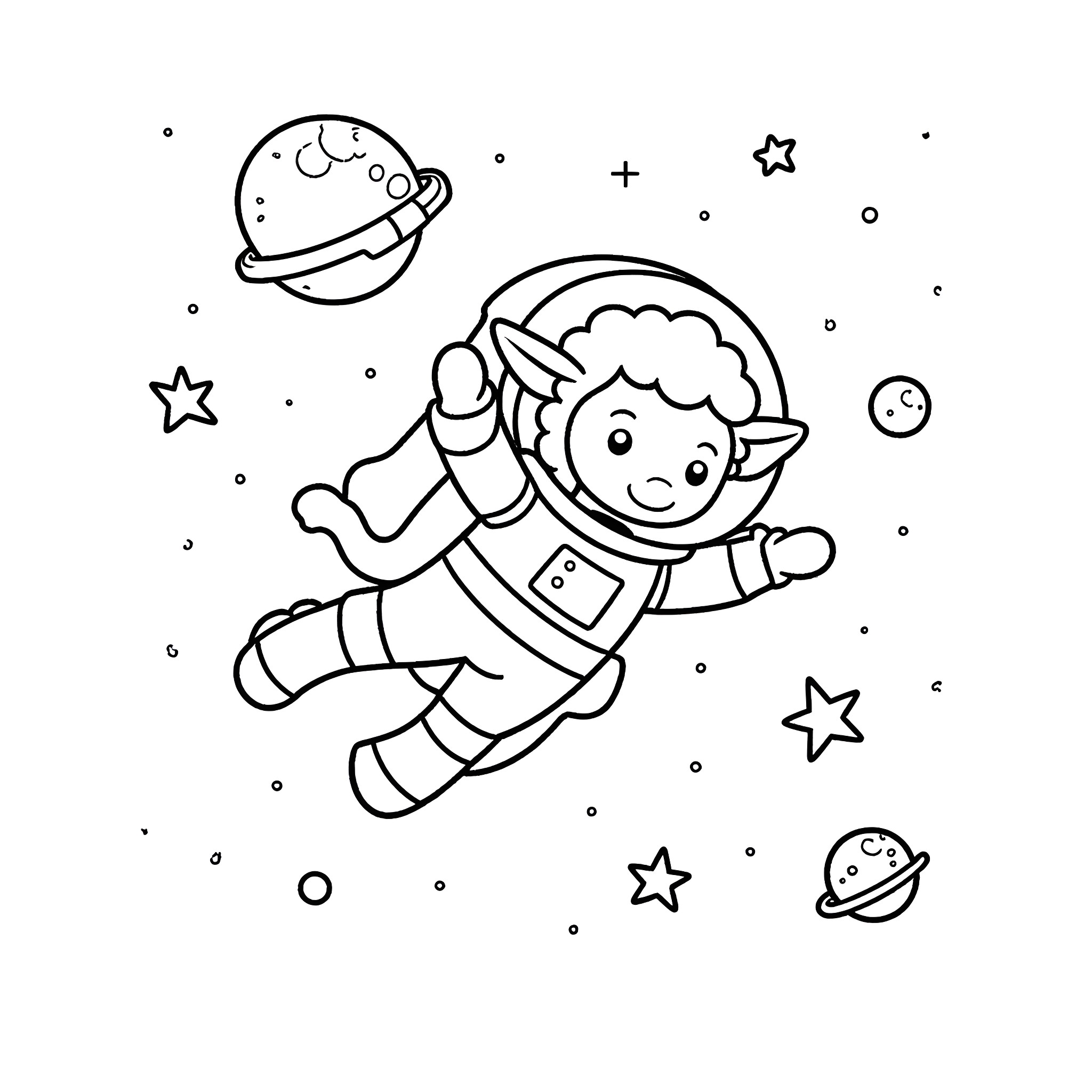 Sheep astronaut floating in space Coloring Page (free black-and-white line drawing printable PDF for all, from beginners to advanced learners, including children, teens, adults, and seniors)