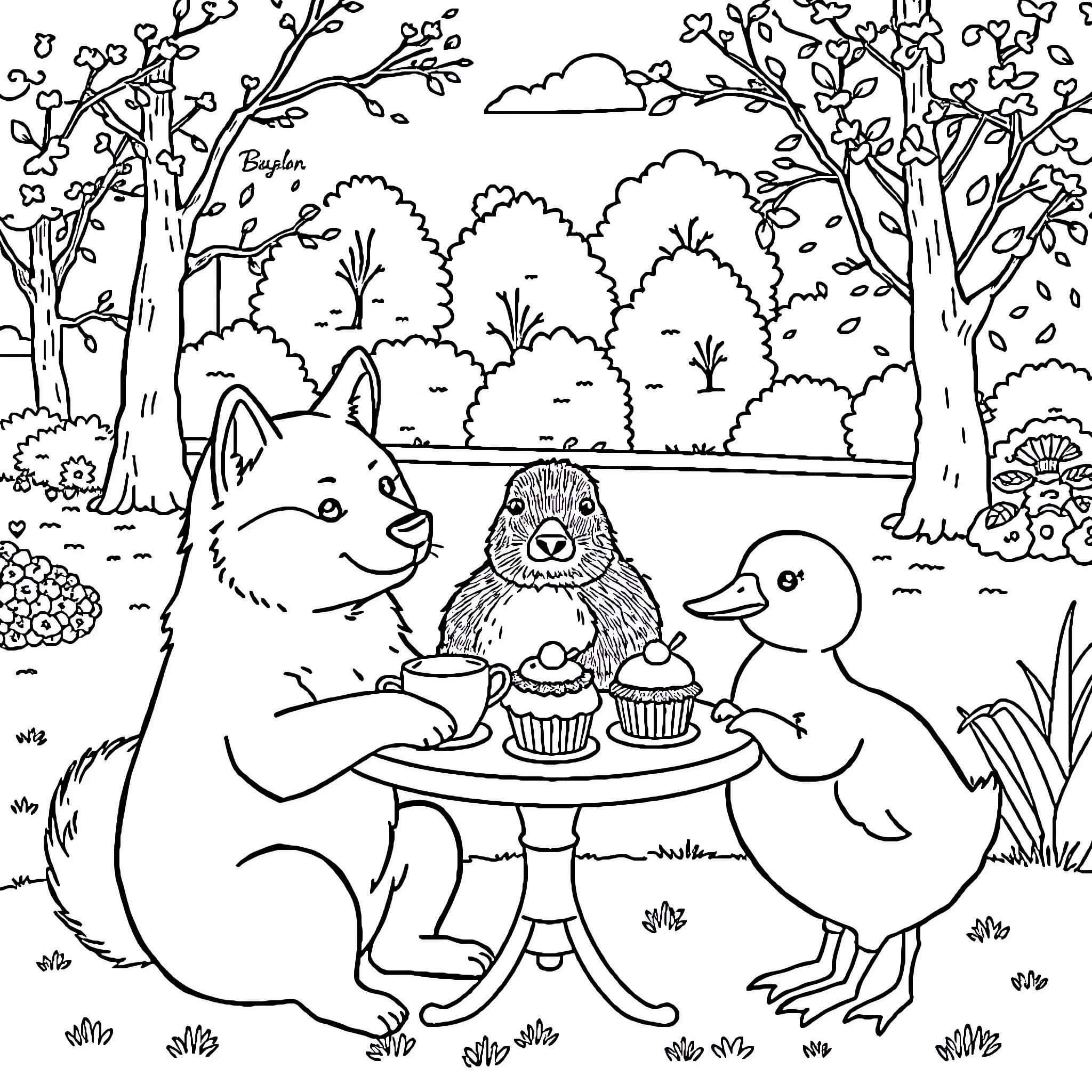 Shiba Inu and friends having a tea party in the forest Coloring Page (free black-and-white line drawing printable PDF for all, from beginners to advanced learners, including children, teens, adults, and seniors)