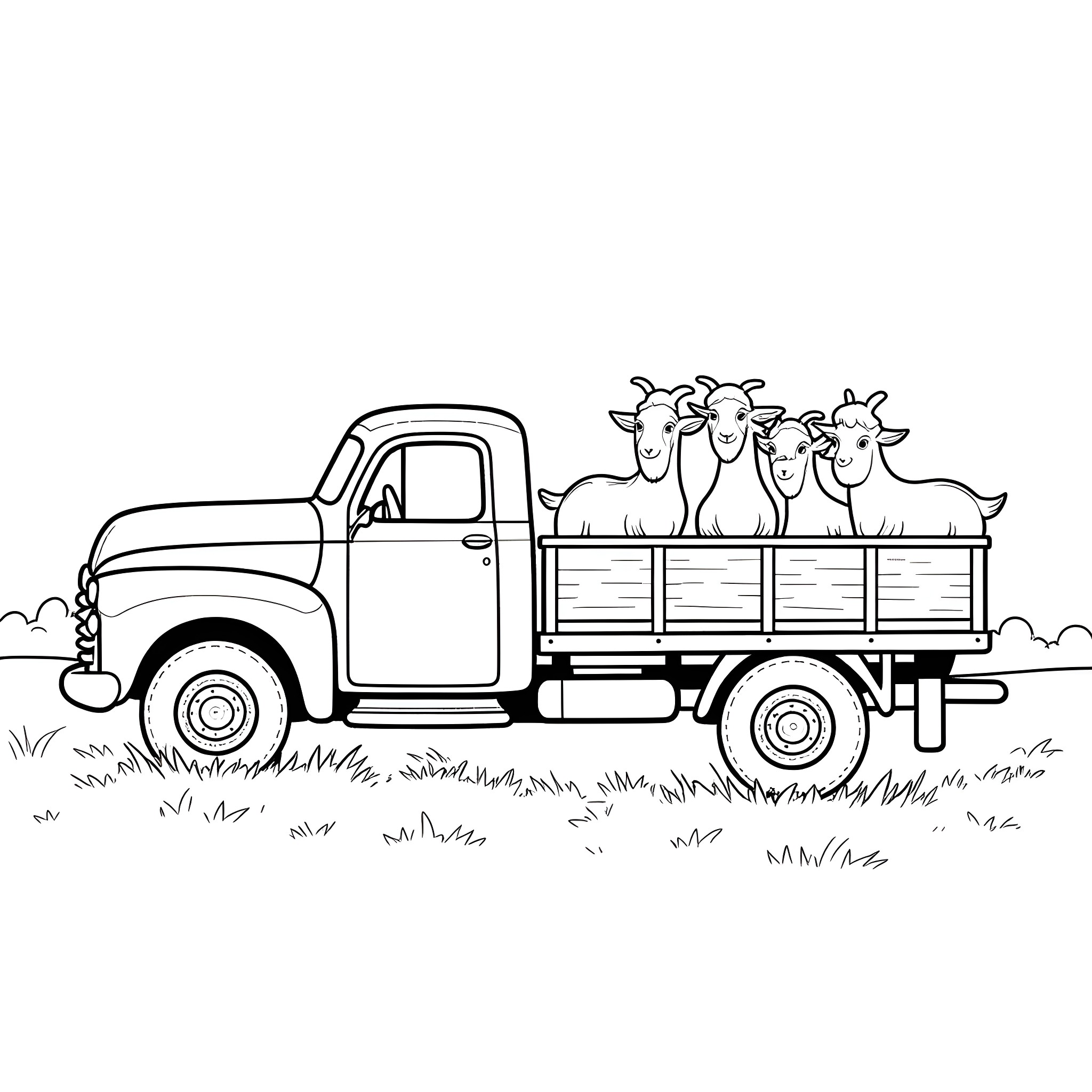 Truck Transporting Cheerful Goats in the Countryside Coloring Page (free black-and-white line drawing printable PDF for all, from beginners to advanced learners, including children, teens, adults, and seniors)