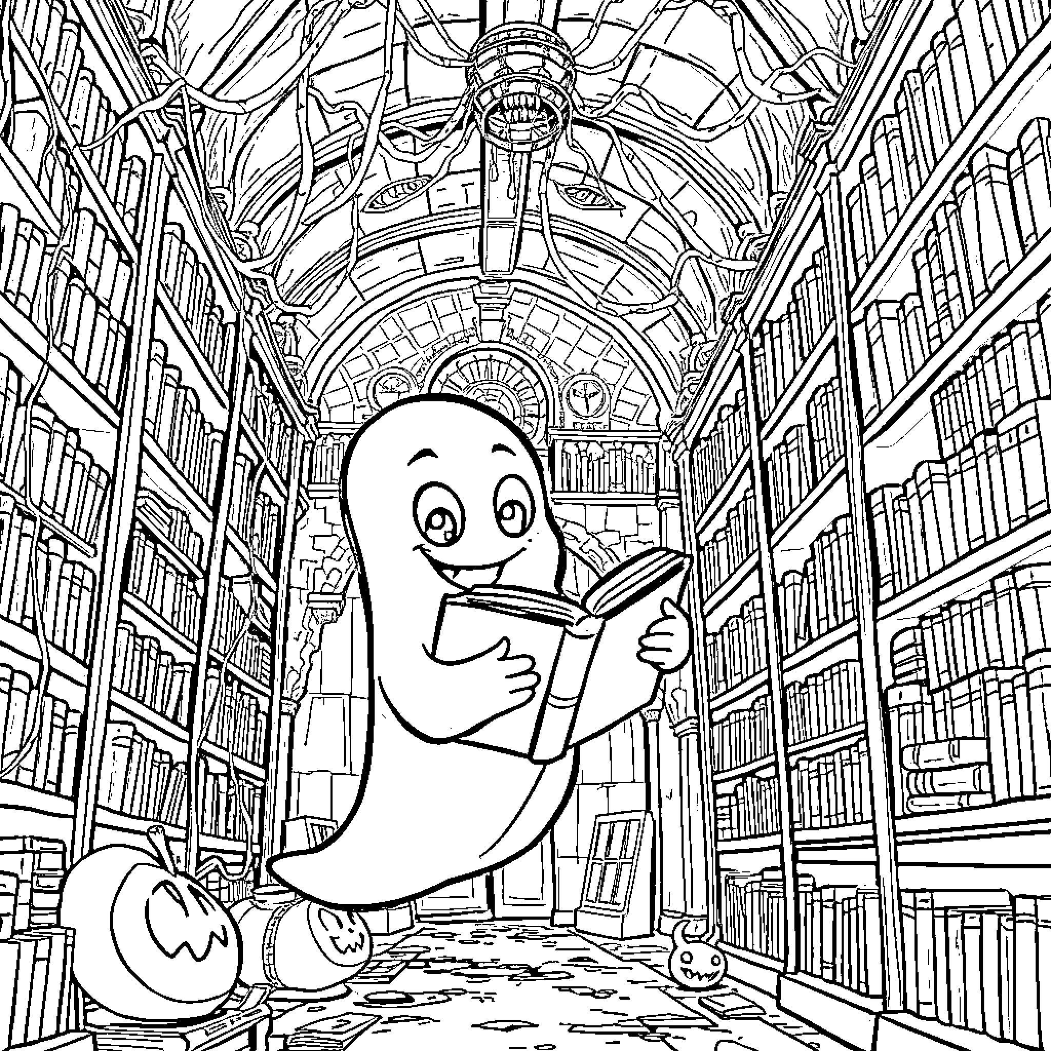 Ghost reading happily in the haunted library Coloring Page (free black-and-white line drawing printable PDF for all, from beginners to advanced learners, including children, teens, adults, and seniors)