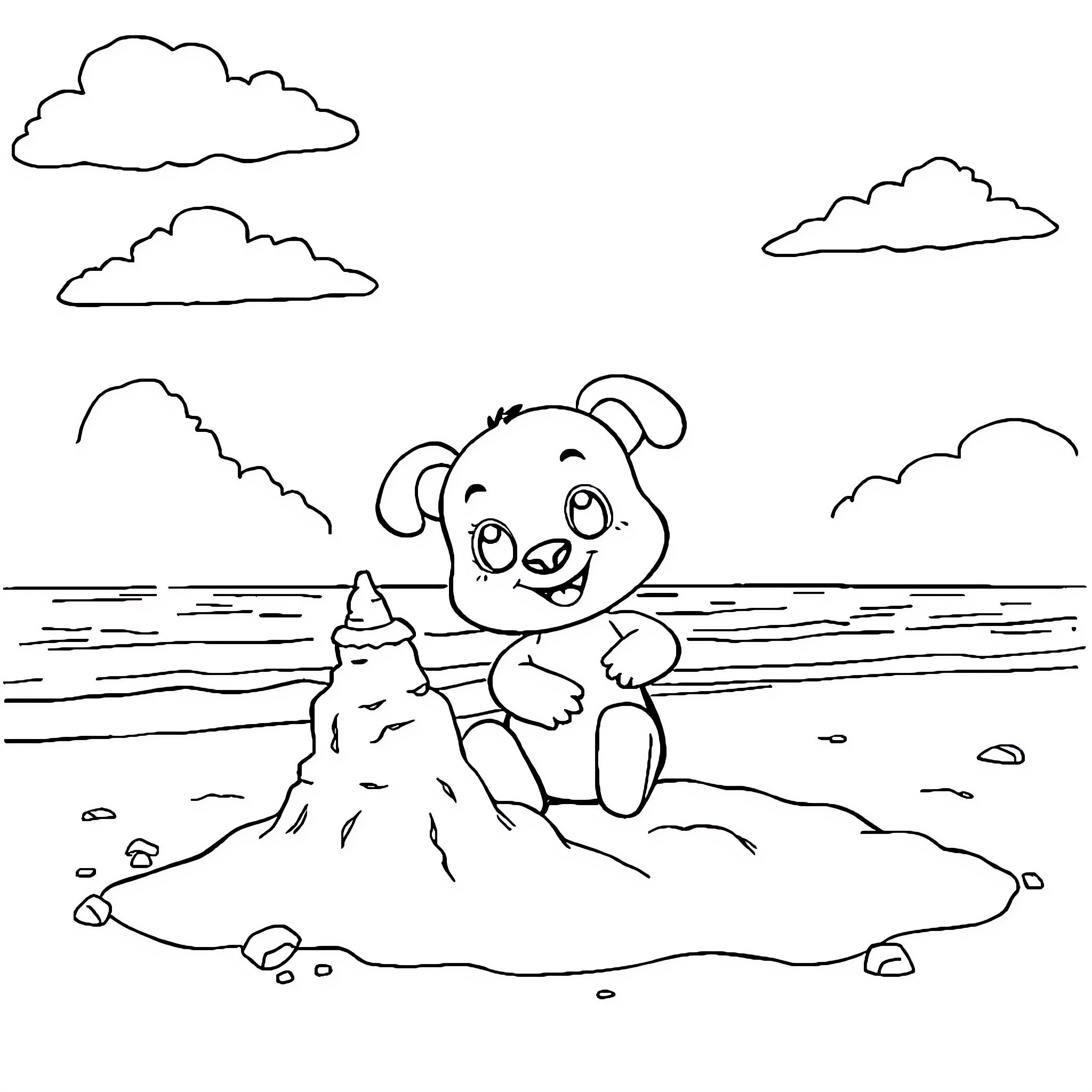 Bluey building a sandcastle on the beach Coloring Page (free black-and-white line drawing printable PDF for all, from beginners to advanced learners, including children, teens, adults, and seniors)