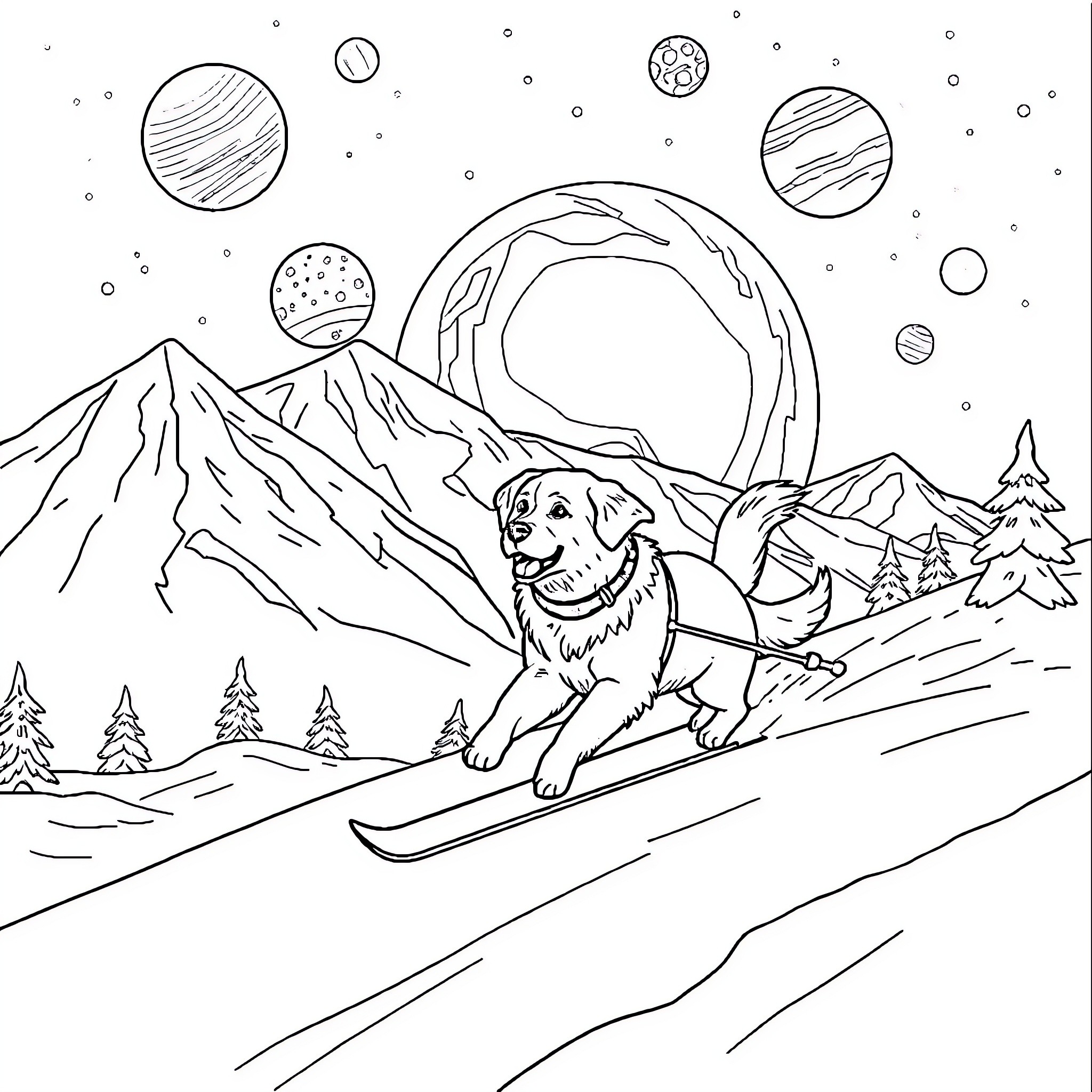Dog enjoying winter sports in the mountains Coloring Page (free black-and-white line drawing printable PDF for all, from beginners to advanced learners, including children, teens, adults, and seniors)